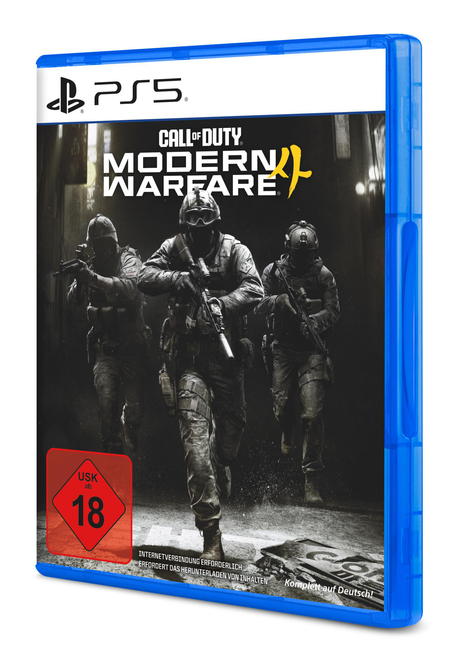 PS5-Spielhülle für Call of Duty: Modern Warfare II mit drei bewaffneten Soldaten und einer USK 18-Altersfreigabe.