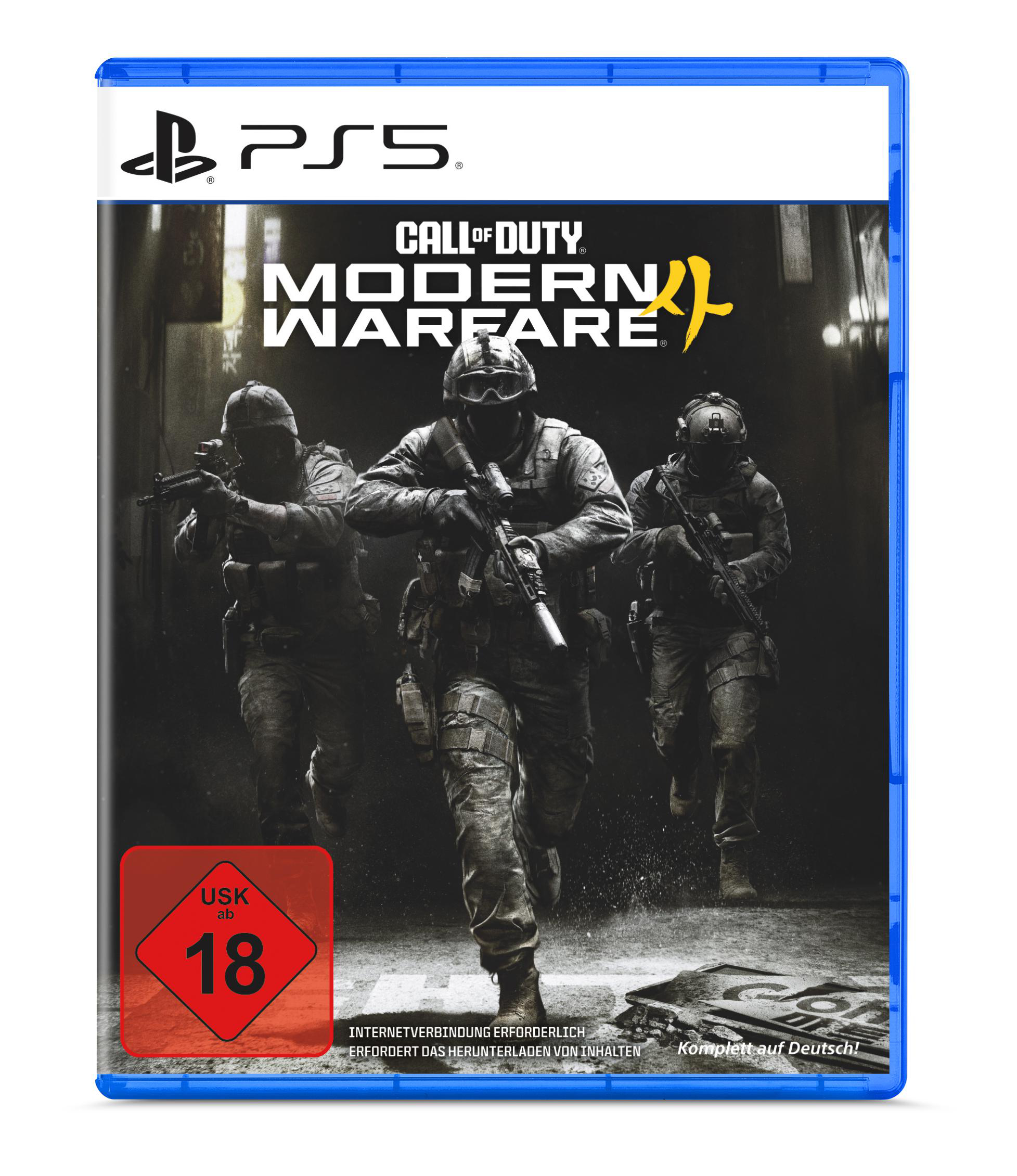 PlayStation 5 Spielhülle von Call of Duty Modern Warfare II mit drei bewaffneten Soldaten.