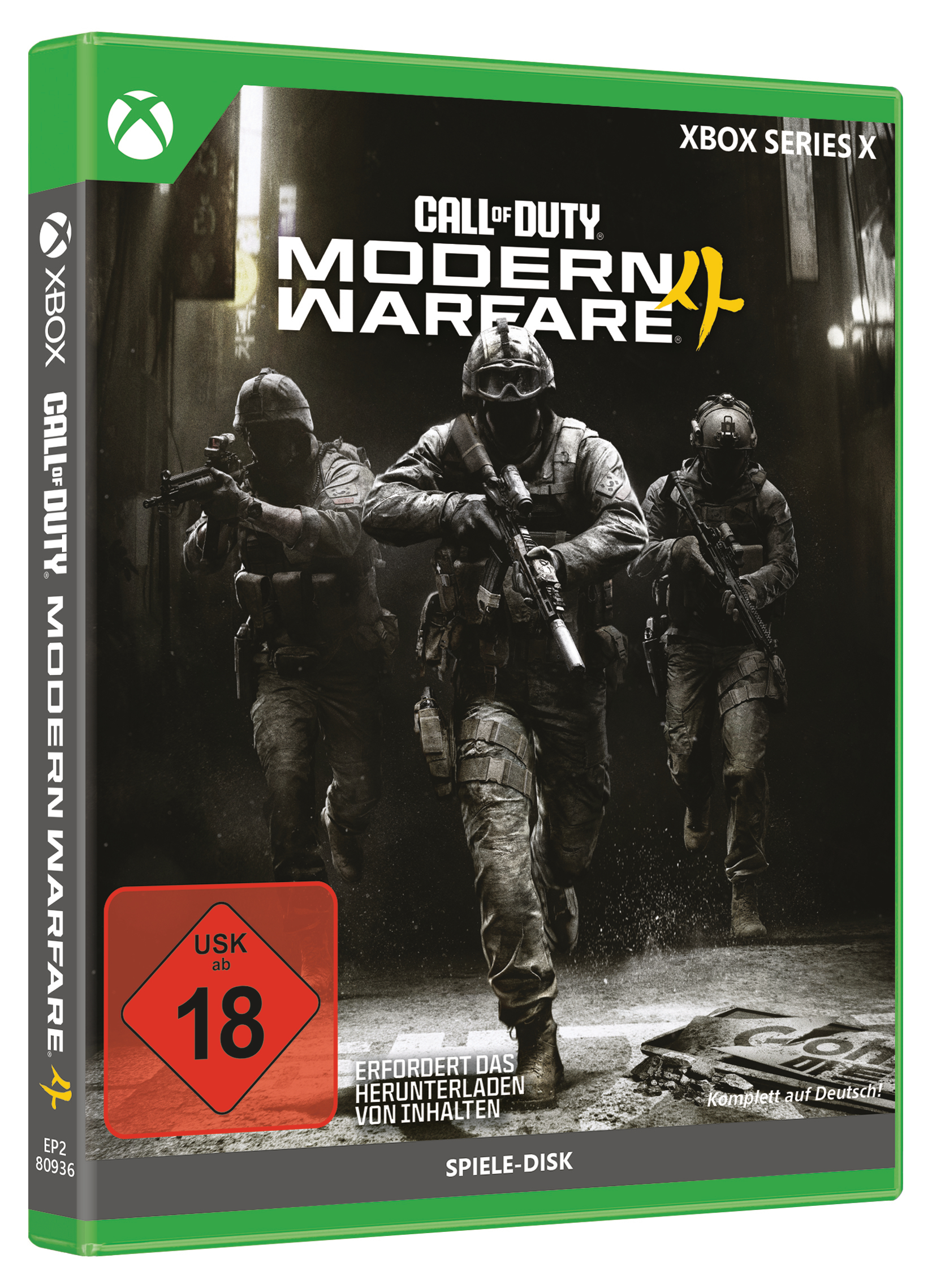 Xbox Series X-Spielhülle für Call of Duty: Modern Warfare II mit drei bewaffneten Soldaten.