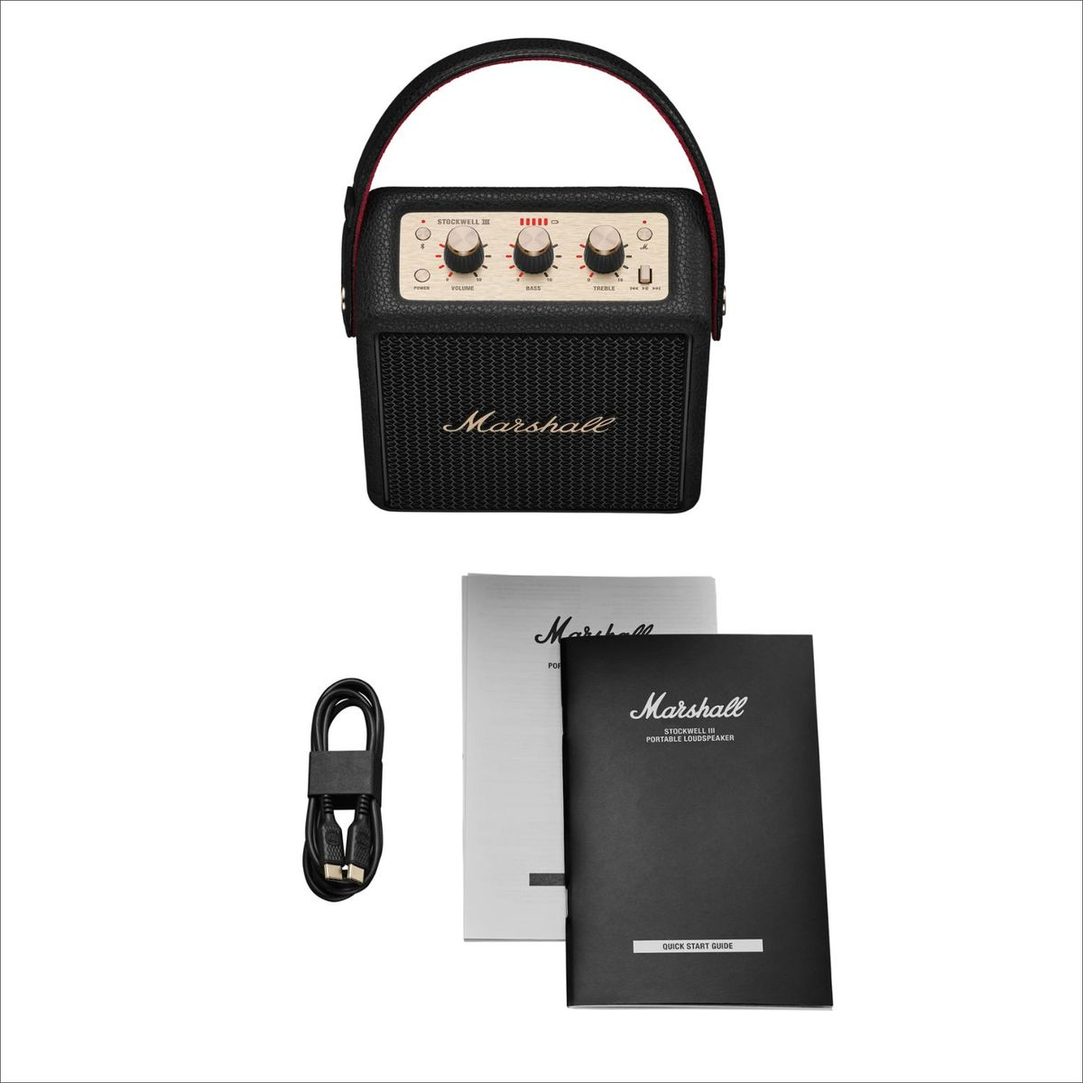 Schwarzer Marshall tragbarer Lautsprecher mit Riemen, USB-C-Kabel und Bedienungsanleitung.