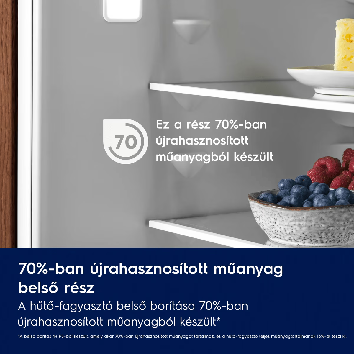 Hűtőszekrény belső bogyós gyümölccsel és 70% újrahasznosított műanyagról szóló szöveggel.