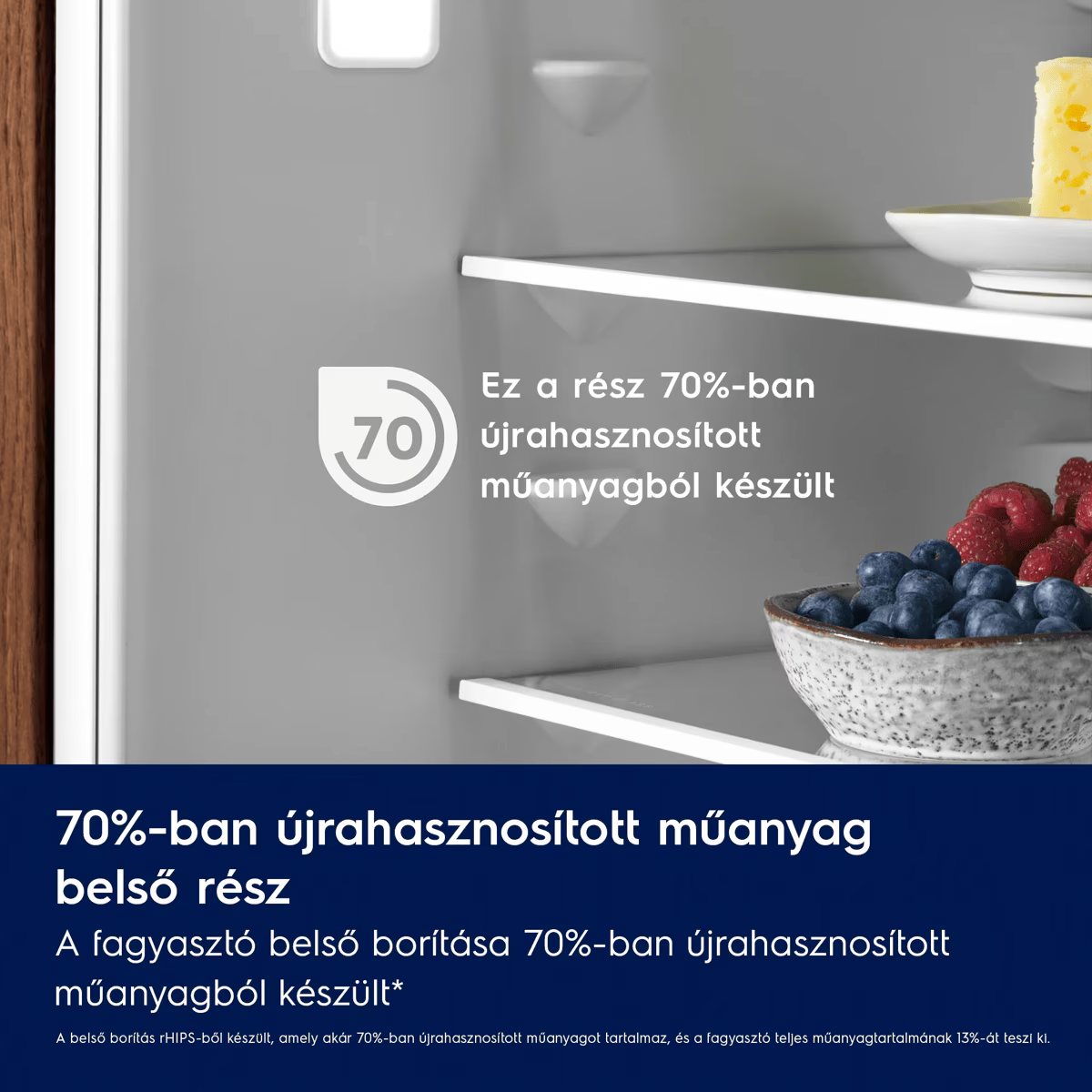 Hűtőszekrény belseje szöveggel a 70%-ban újrahasznosított műanyagról, bogyókkal és sajttal.
