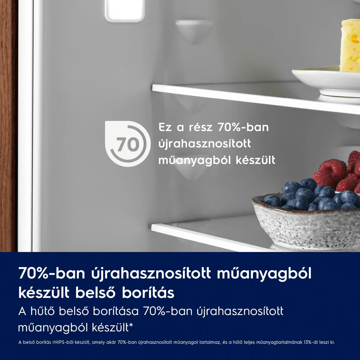 Hűtőszekrény belseje ételekkel és újrahasznosított műanyagról szóló szöveggel.