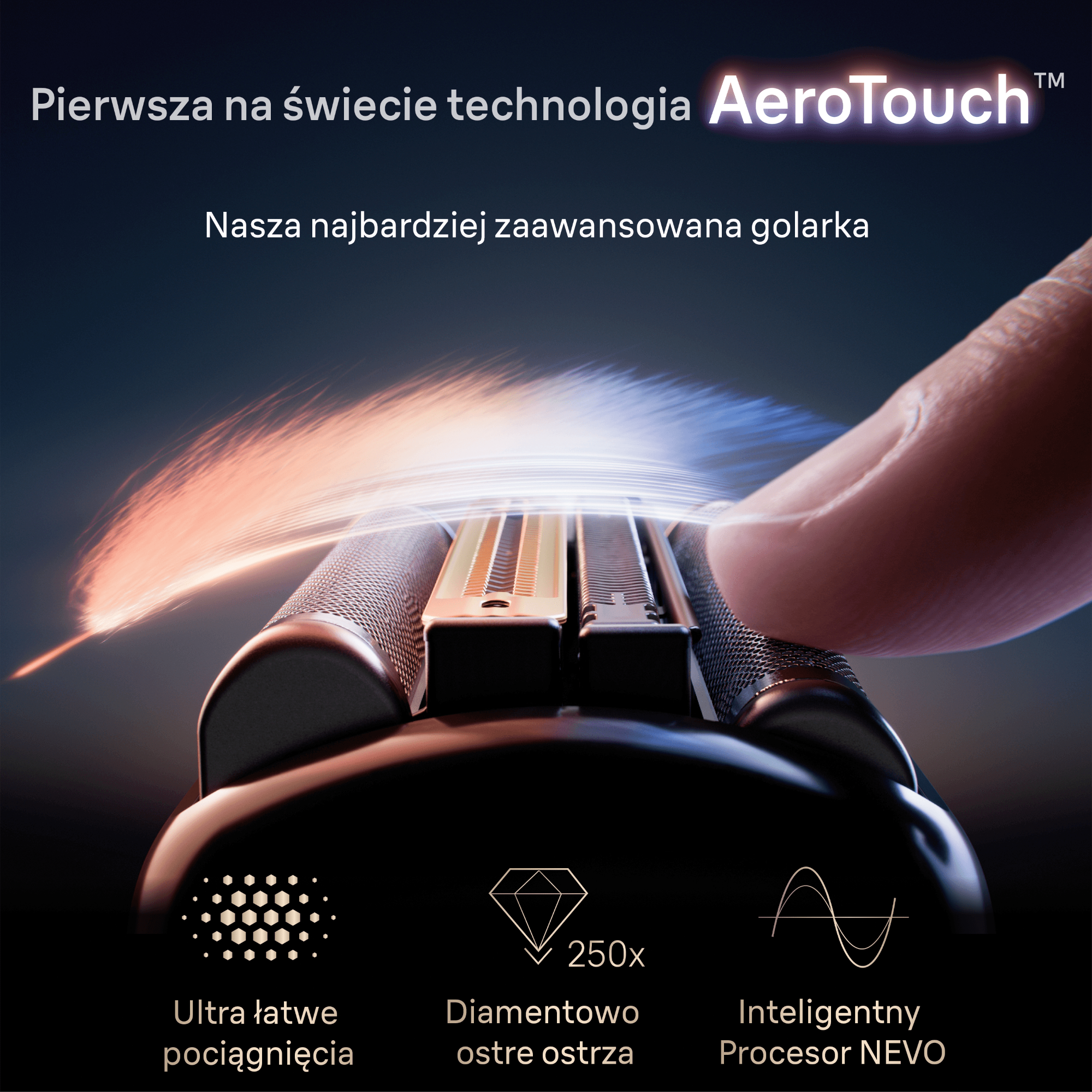 Nowoczesna głowica golarki z technologią AeroTouch i drobnymi ostrzami.