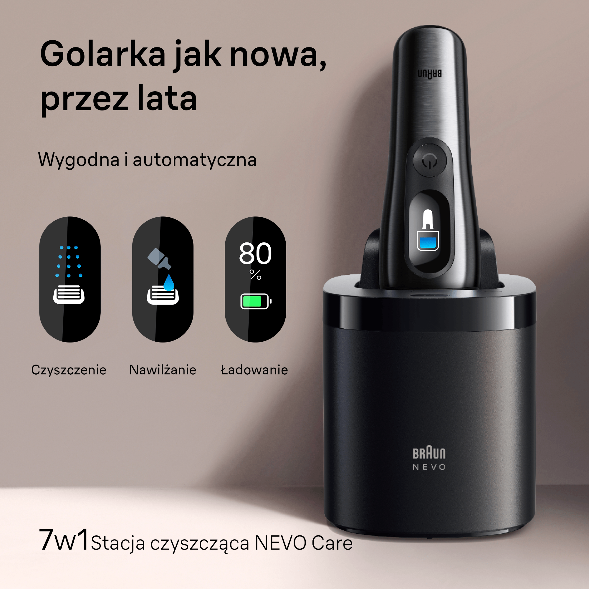 Czarna maszynka do golenia Braun w bazie ładującej, z trzema ikonami czyszczenia, nawilżania i poziomu baterii.