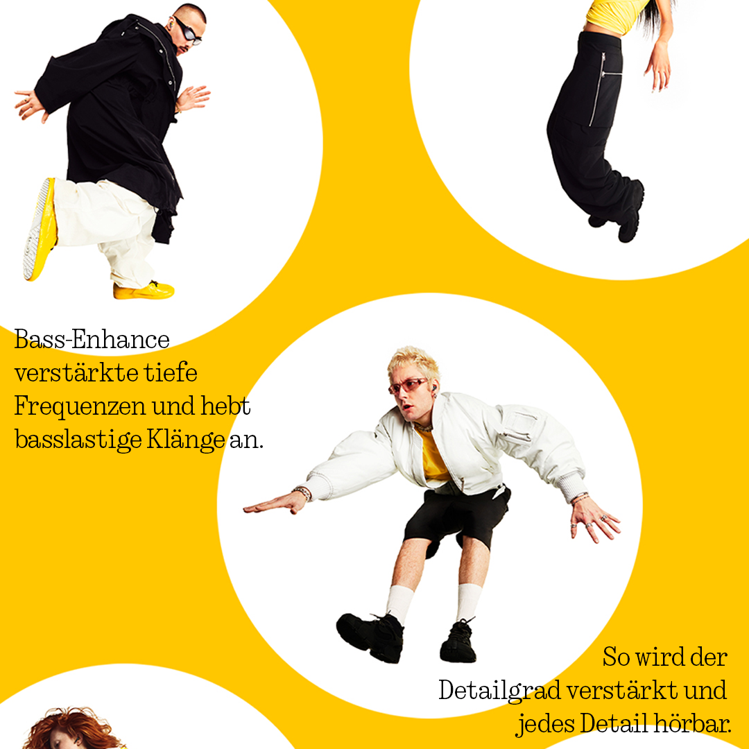 Gelber Hintergrund mit runden Ausschnitten, die tanzende Personen in stylischer Kleidung und deutschen Text zeigen.