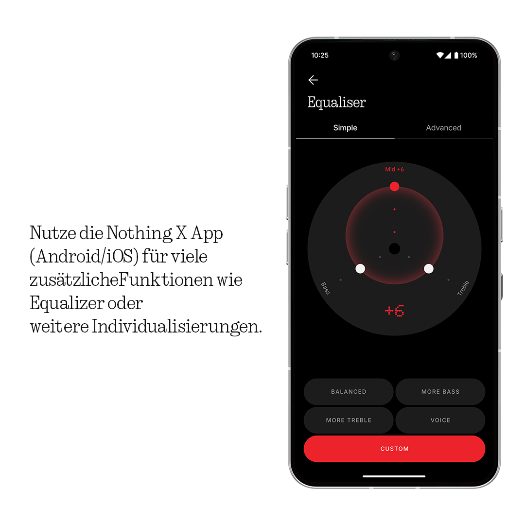 Smartphone mit der Nothing X App Equalizer-Oberfläche mit Toneinstellungen.