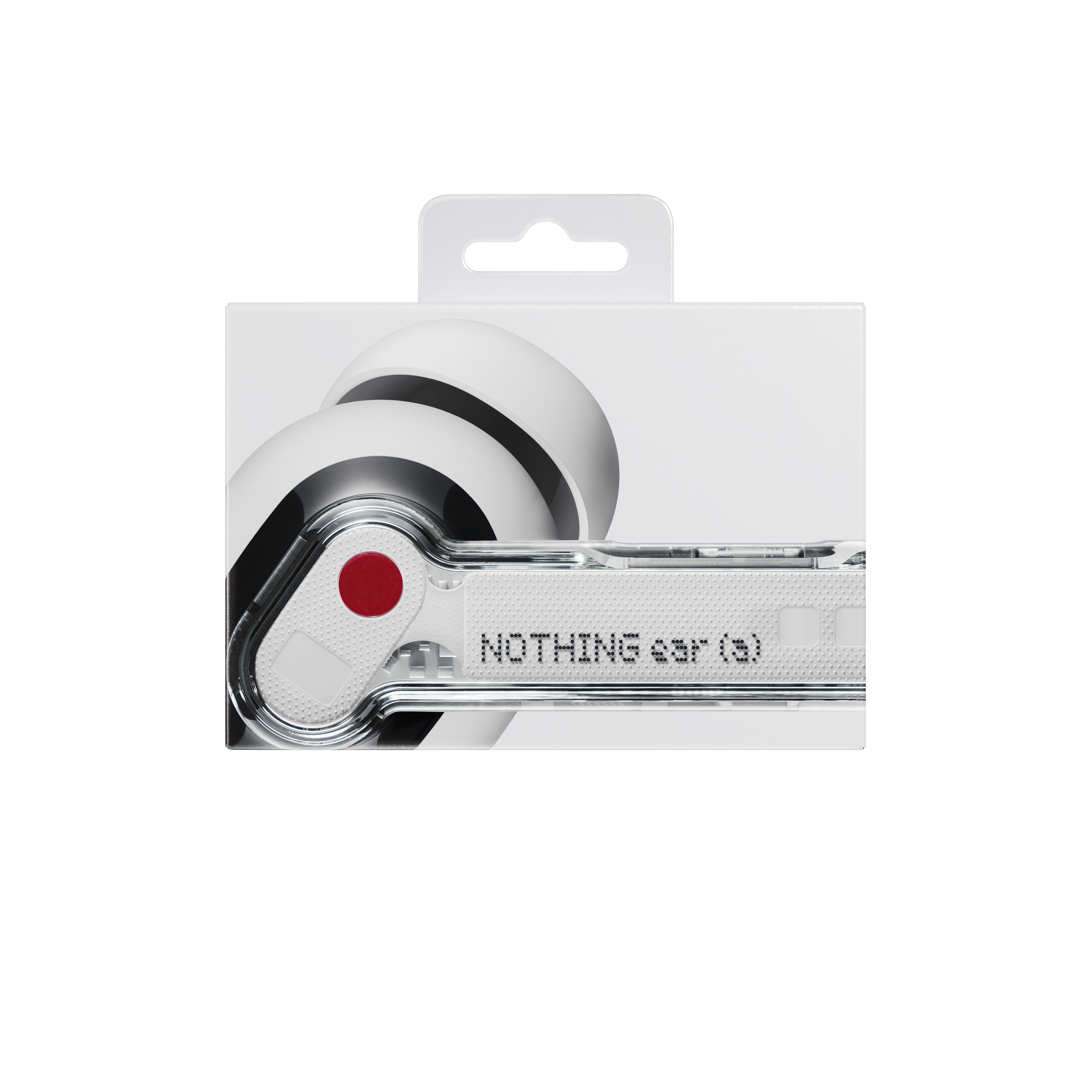 Weiße Produktverpackung der Nothing Ear (a) Kopfhörer mit transparenter Gestaltung und rotem Akzentpunkt.