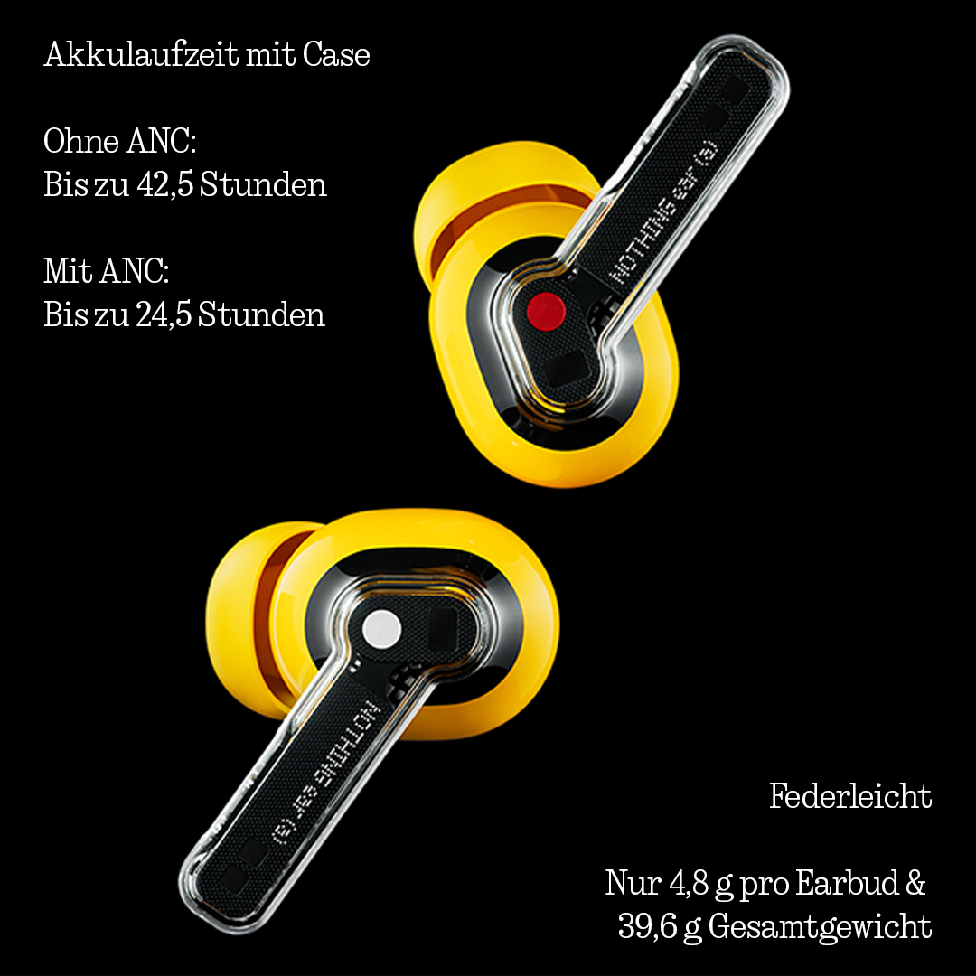 Zwei gelbe Nothing Ear (a) Ohrhörer mit transparentem Design auf schwarzem Hintergrund und deutscher Infotext.