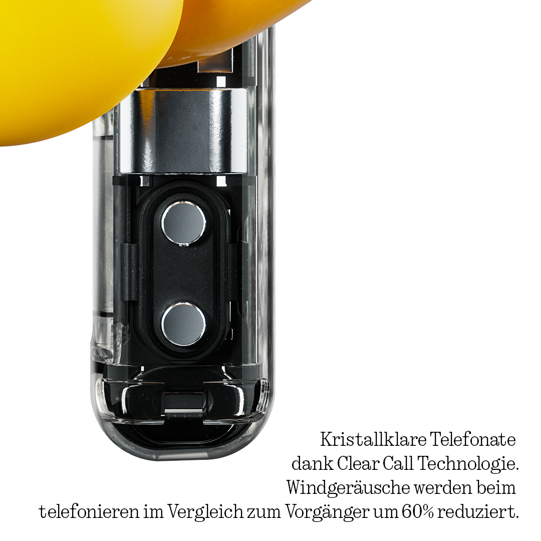 Transparenter Kopfhörer mit zwei silbernen Knöpfen und deutscheem Text über Clear Call Technologie.