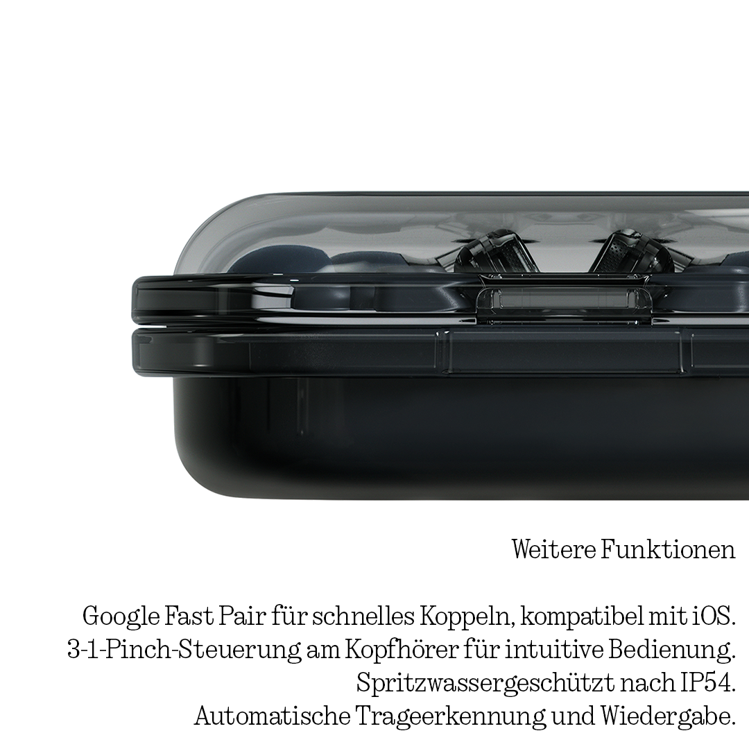 Schwarze Kopfhörerbox mit durchsichtigem Deckel und deutscher Feature-Liste.