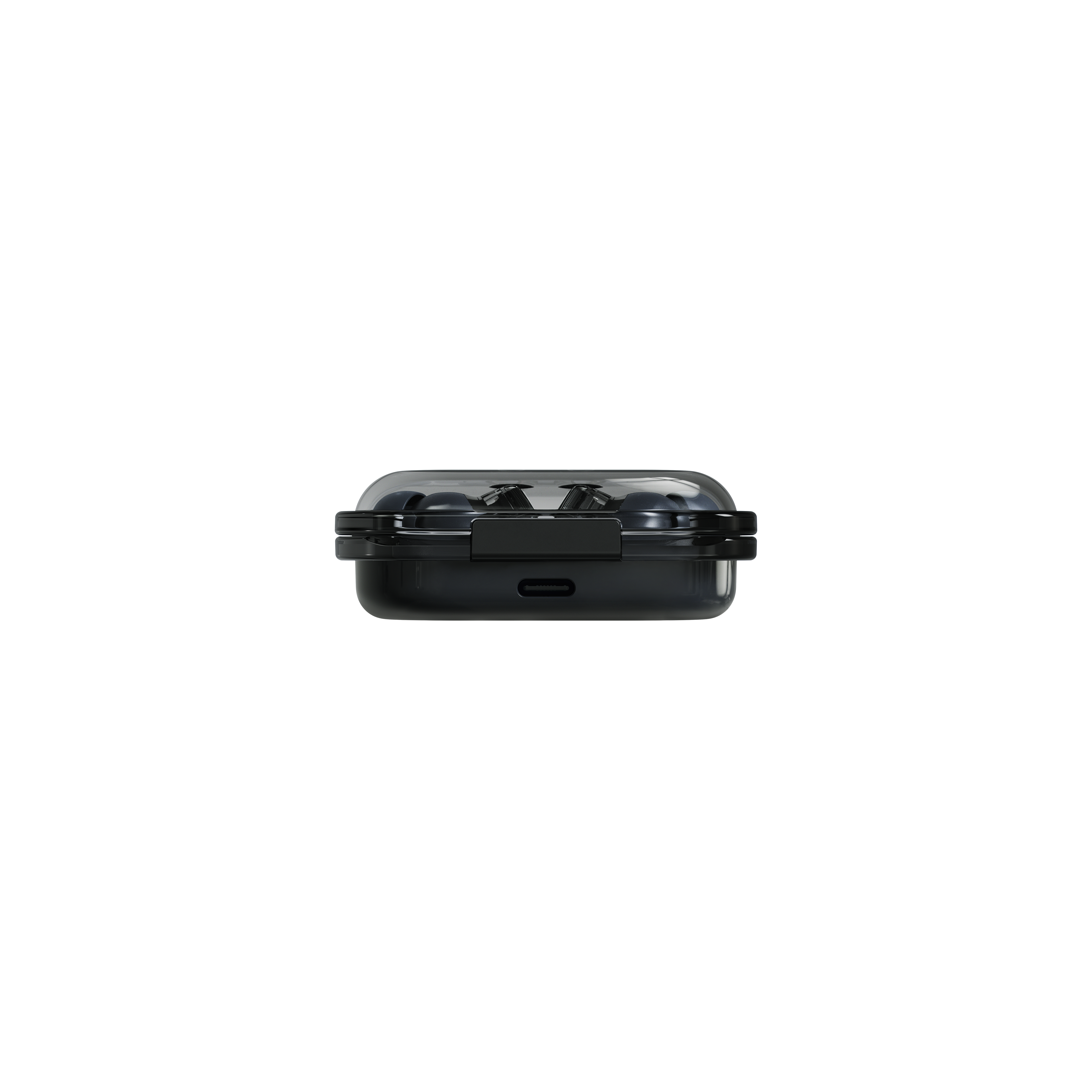 Schwarzes Ladecase für kabellose Ohrhörer mit USB-C-Anschluss auf schwarzem Hintergrund.