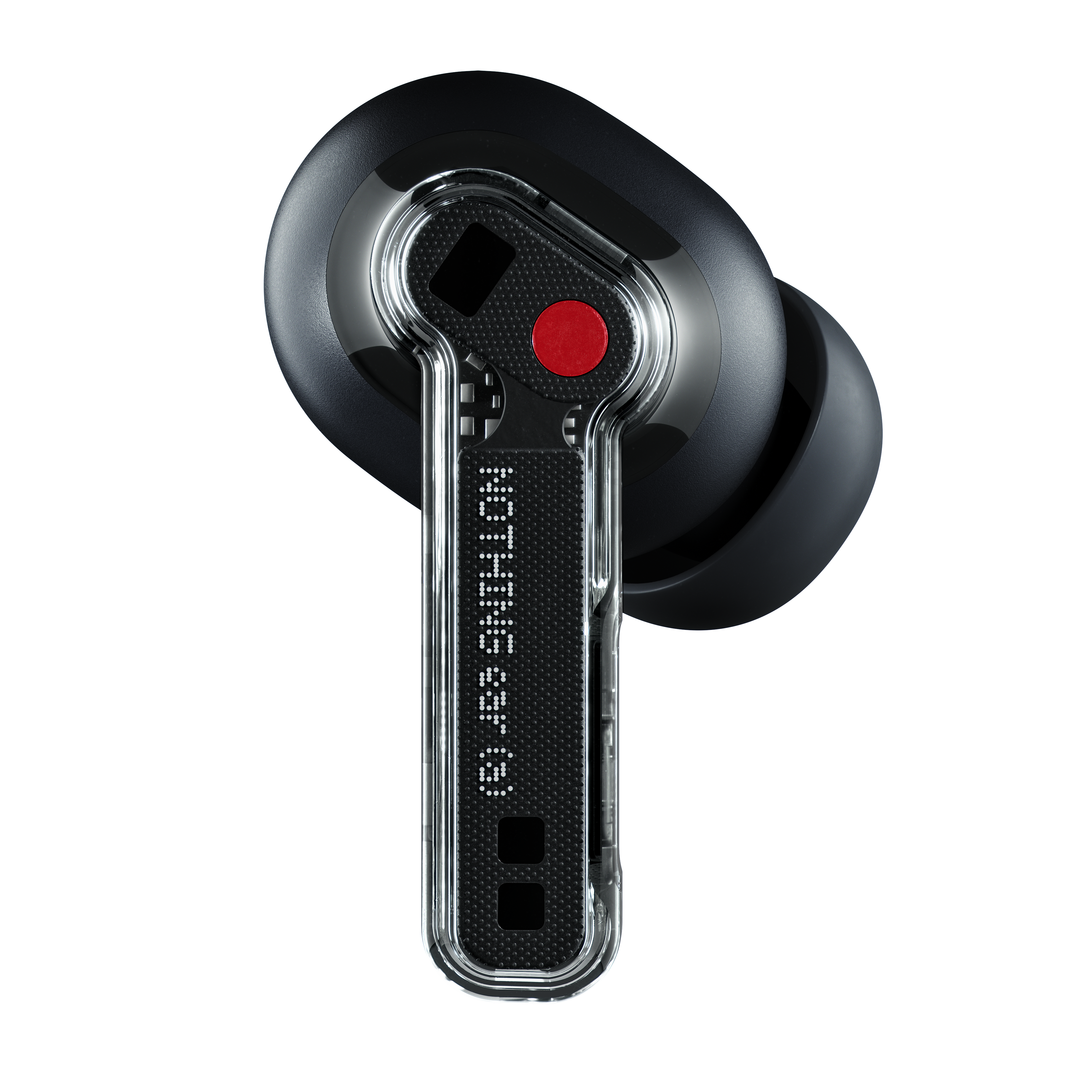 Ein schwarzer Nothing Ear (a) Kopfhörer mit transparentem Design und roten Akzenten vor schwarzem Hintergrund.