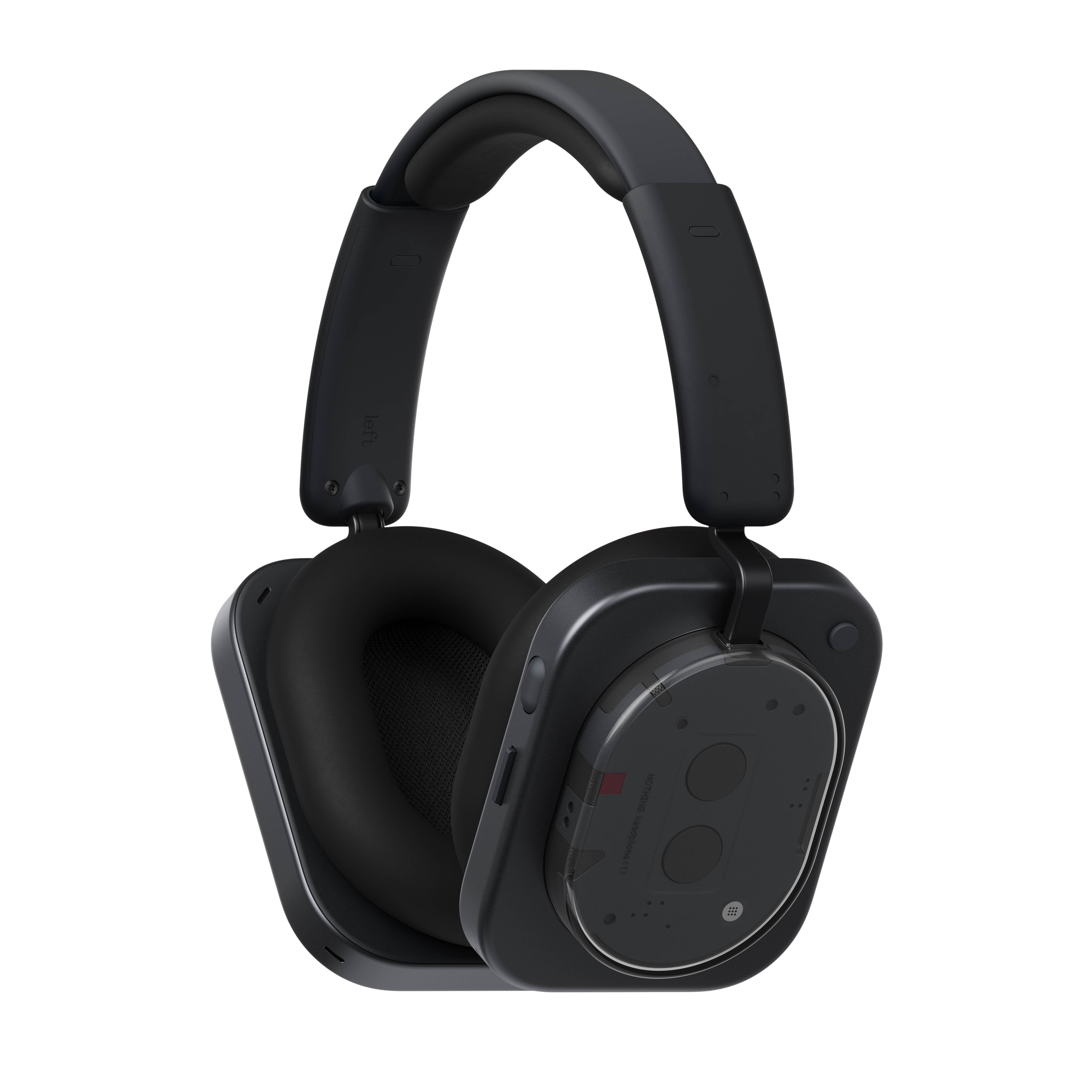 Schwarze Over-Ear-Kopfhörer mit gepolstertem Bügel und transparenten runden Akzenten an den Ohrmuscheln.