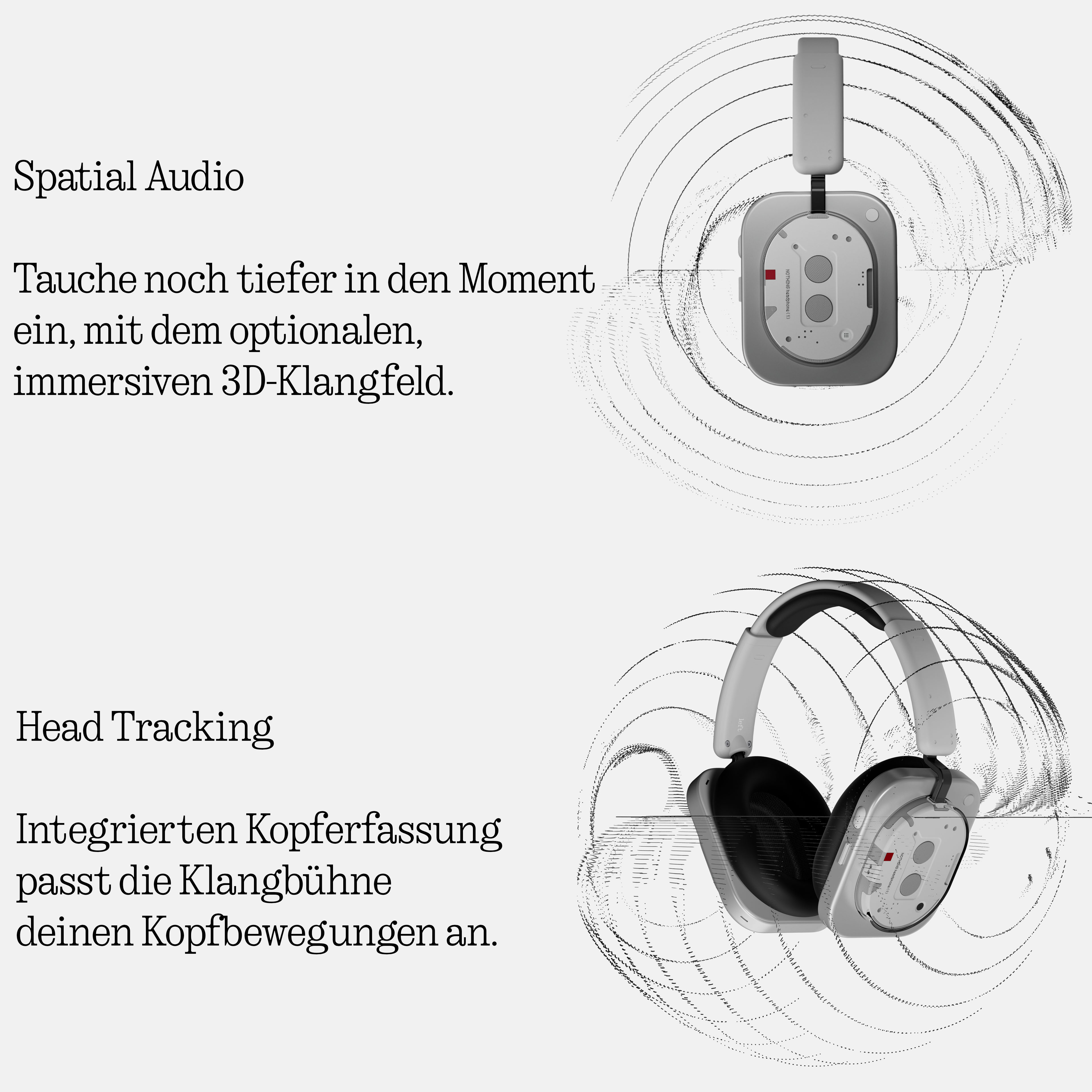 Werbegrafik für Kopfhörer mit Spatial Audio und Head Tracking, illustriert durch grafische Schallwellen.