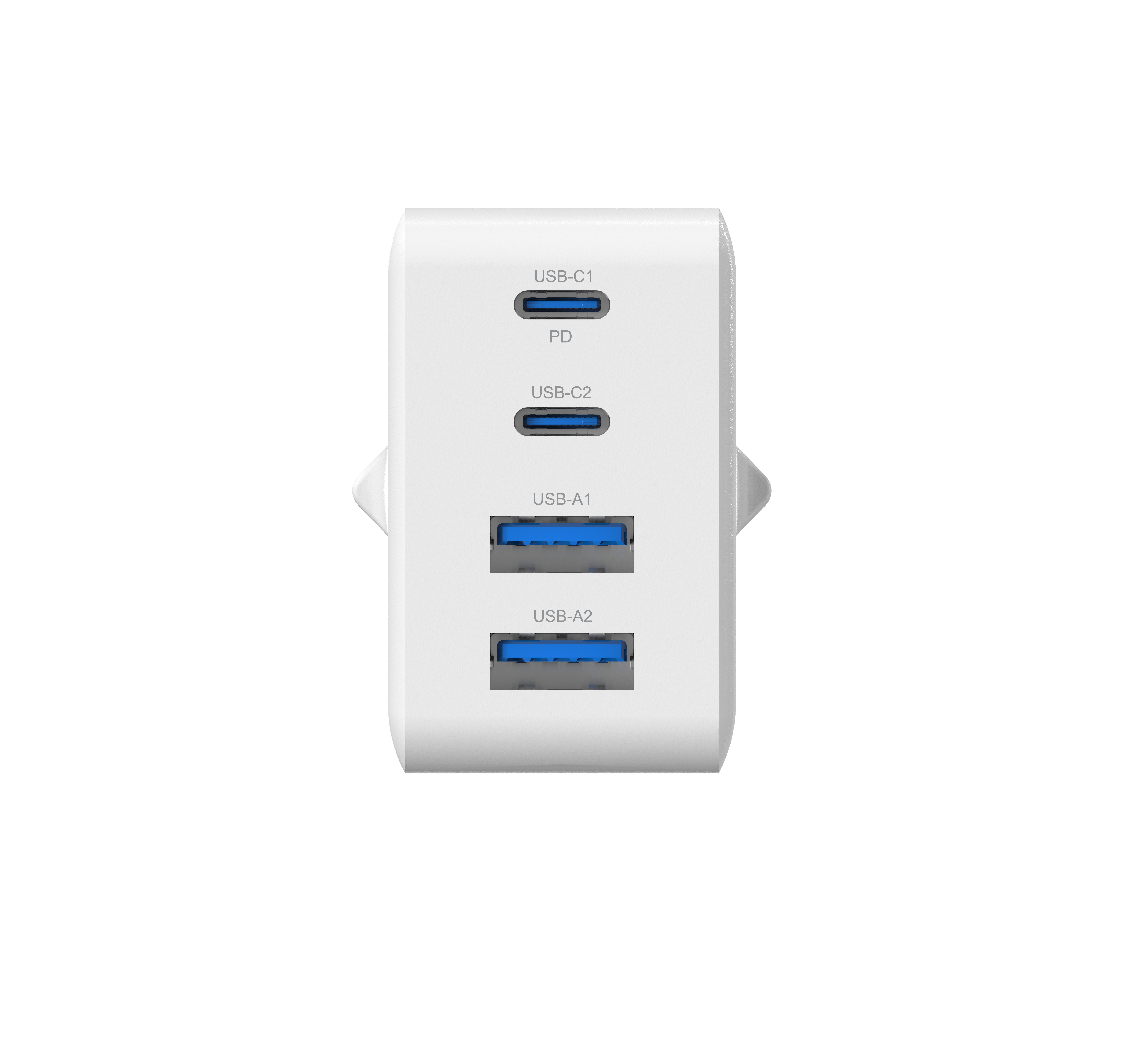 Ein weißer Multiport-USB-Lader mit zwei USB-C- und zwei USB-A-Anschlüssen vor schwarzem Hintergrund.