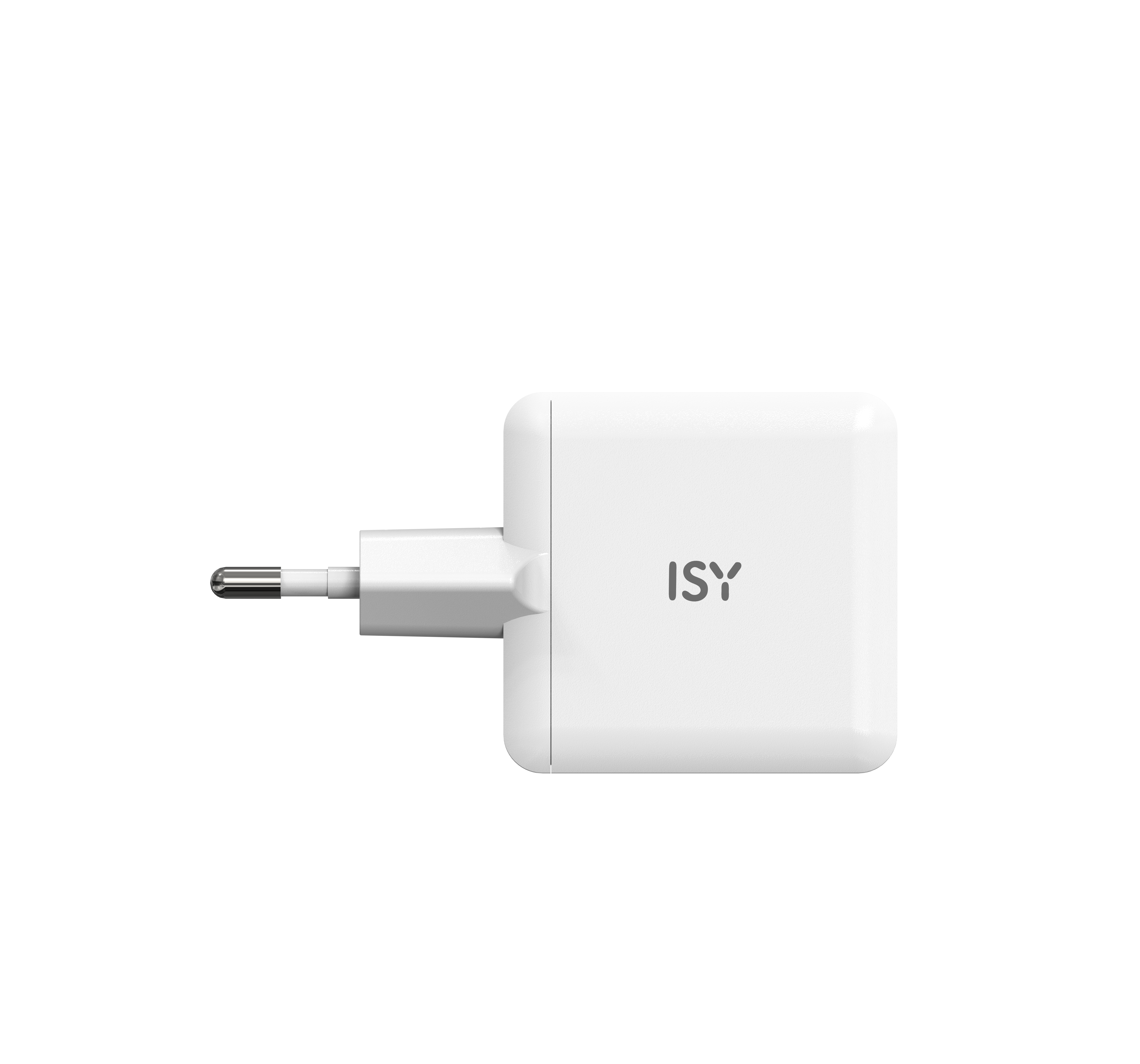 Ein weißes ISY-Netzteil mit Eurostecker vor schwarzem Hintergrund.