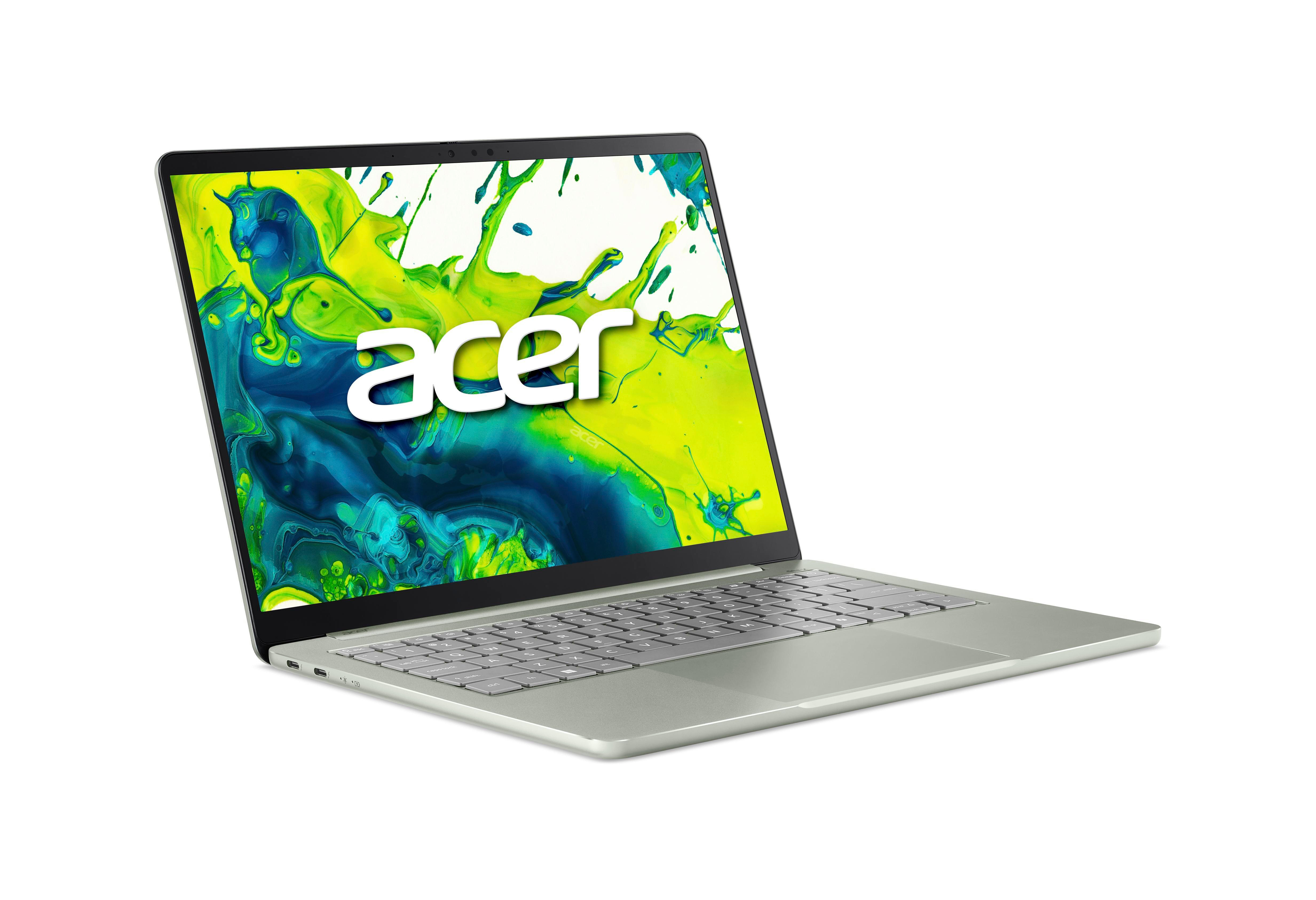 Ein silberner Acer-Laptop zeigt einen bunten grün-blauen Hintergrund mit weißem Logo auf einem weißen Hintergrund.