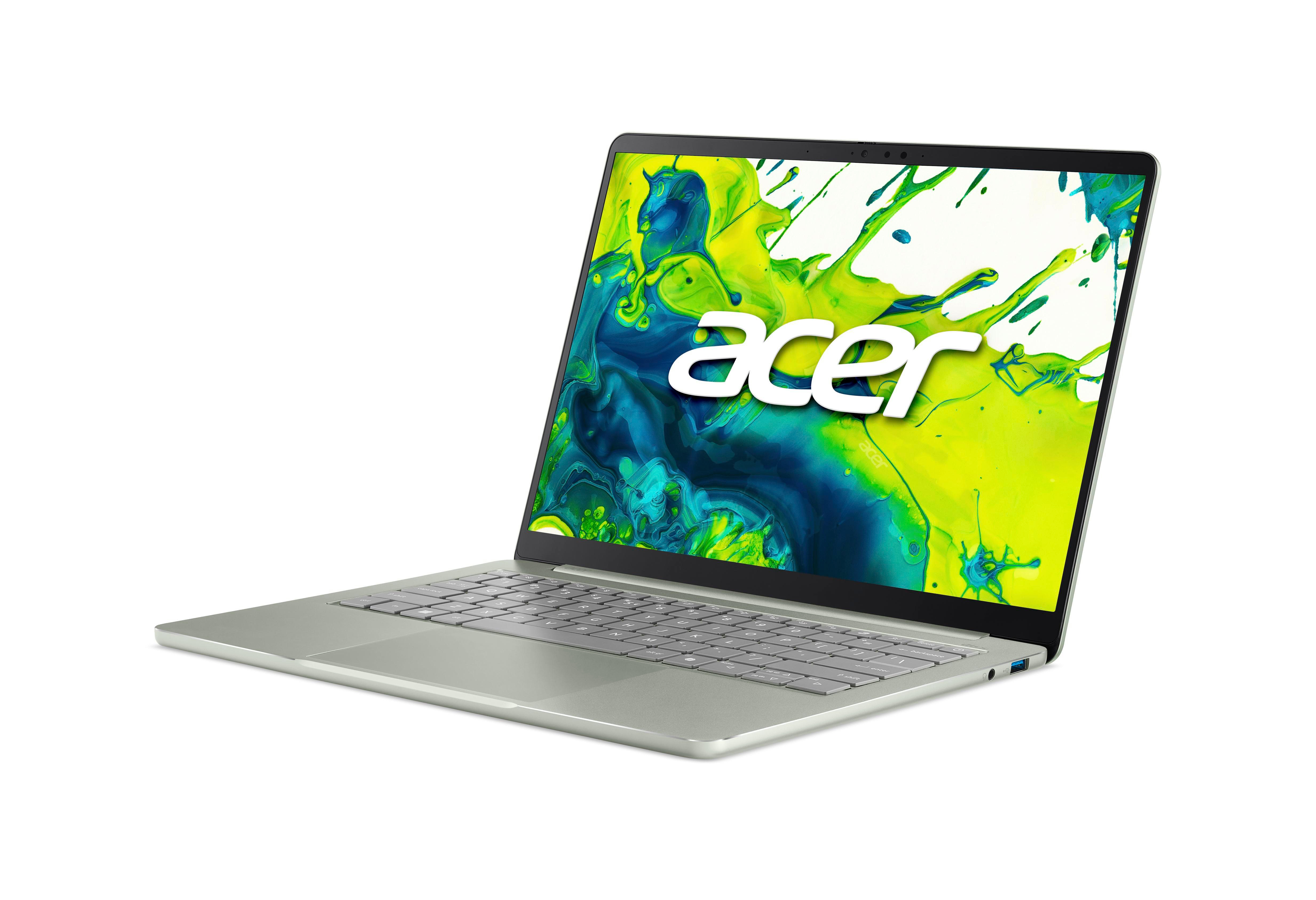Ein silberner Acer-Laptop mit offenem Display zeigt einen bunten grün-blauen Hintergrund und die weiße Acer-Aufschrift.