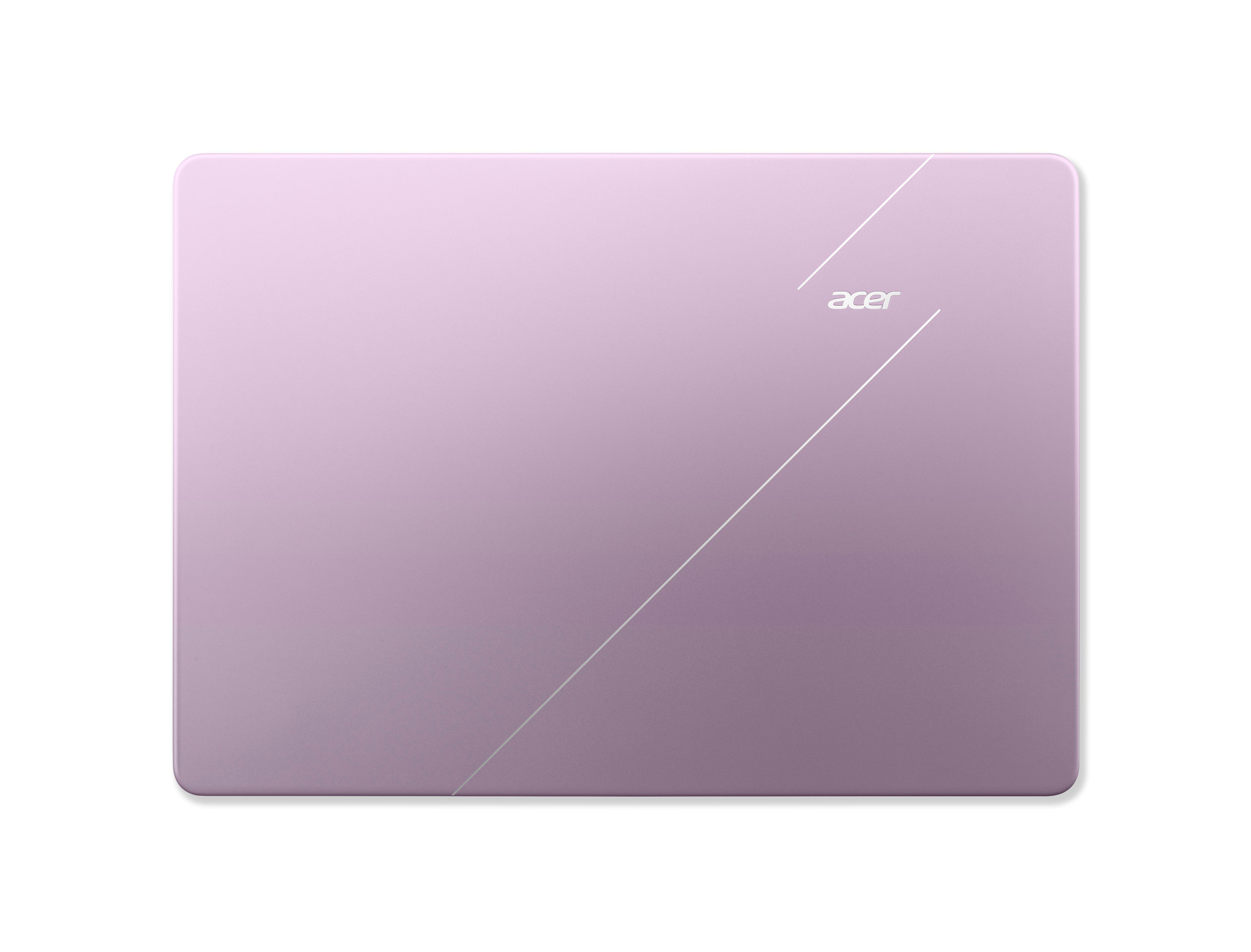 Ein rosafarbener Acer-Laptop geschlossen, mit weißen Linien und dem Acer-Logo auf der Oberseite.