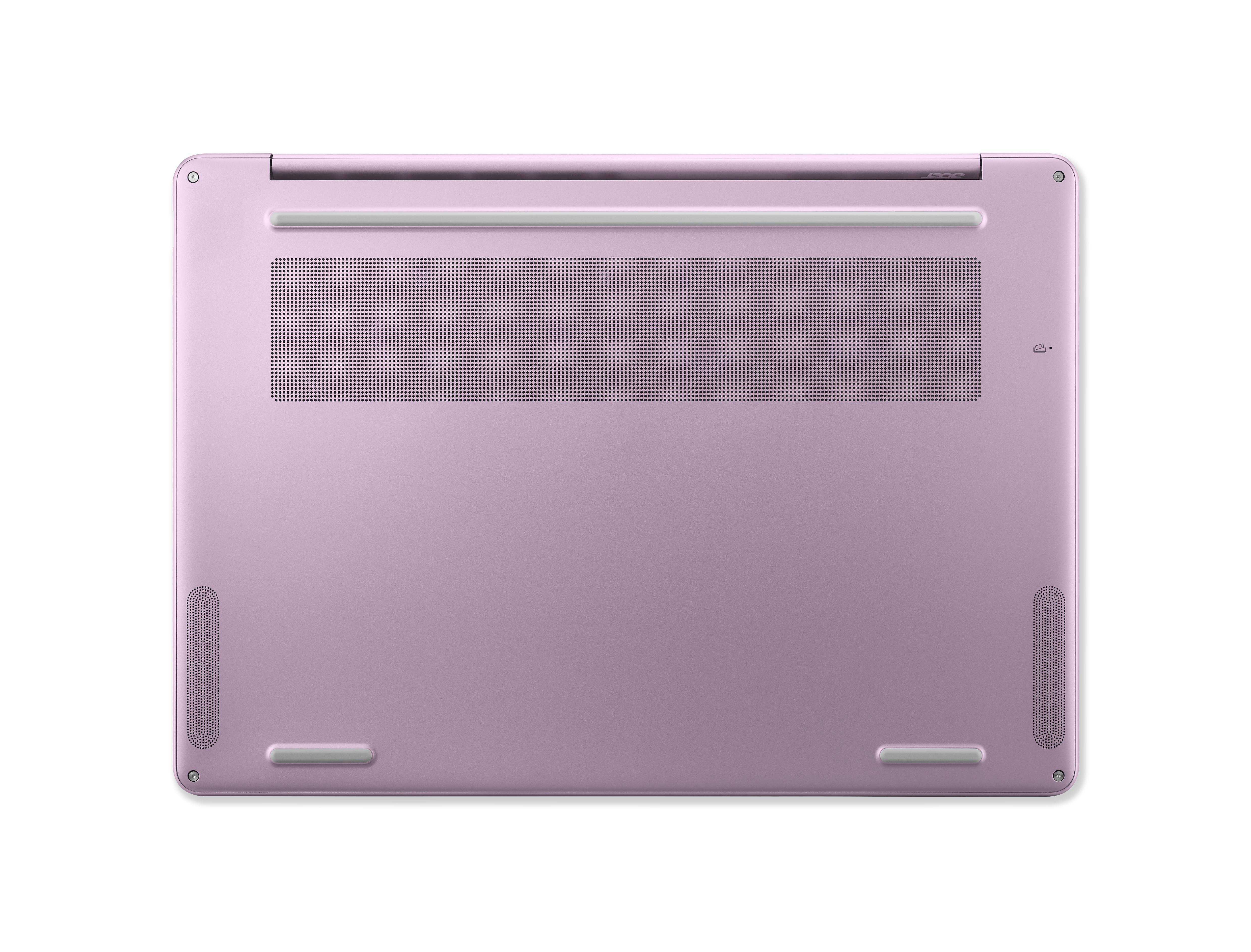 Unterseite eines rosafarbenen Laptops mit Lüftungsgittern und Gummifüßchen.