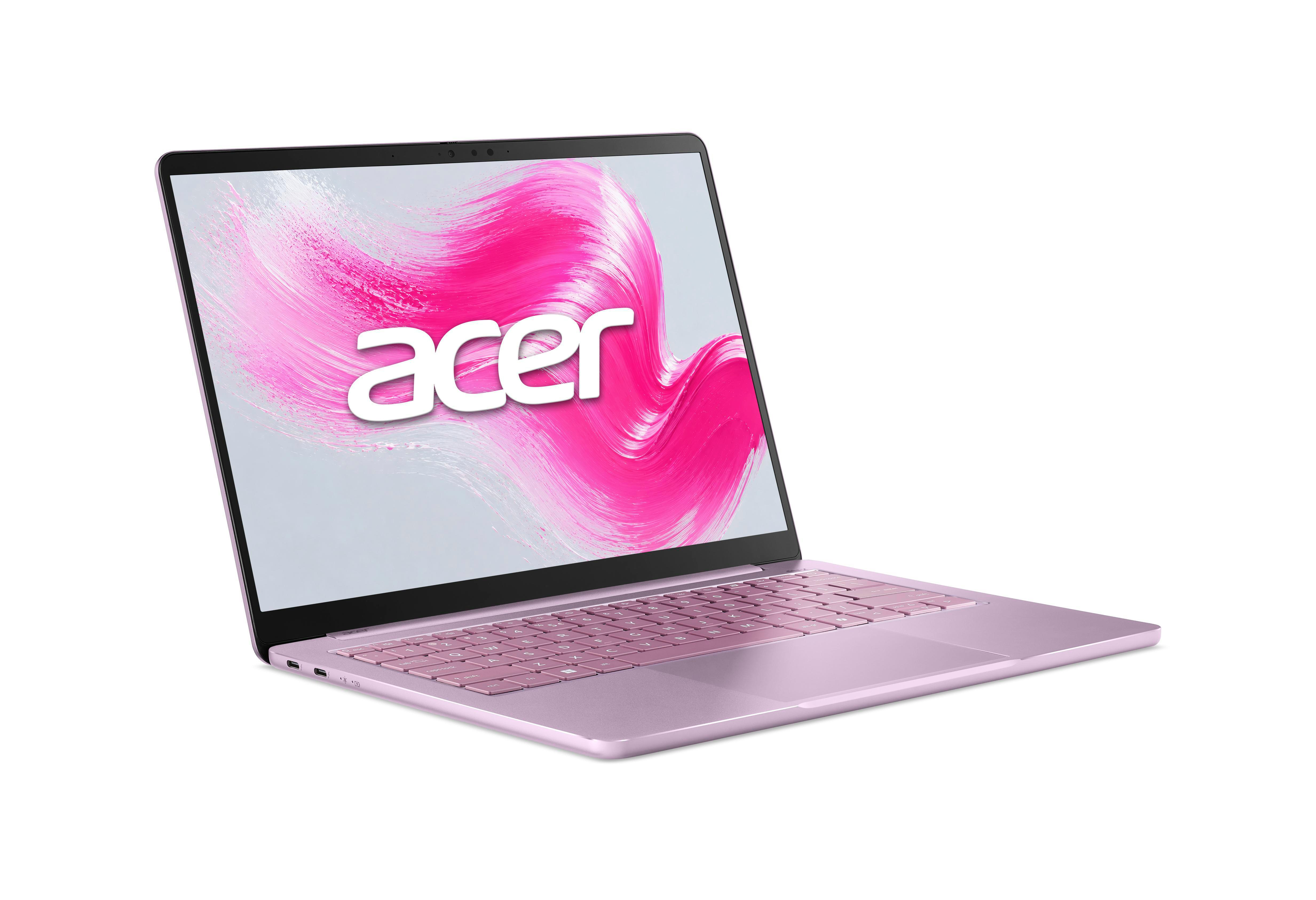 Ein rosafarbenes Acer-Laptop mit pinkem Pinselstrich-Hintergrundbild steht offen auf weißem Hintergrund.