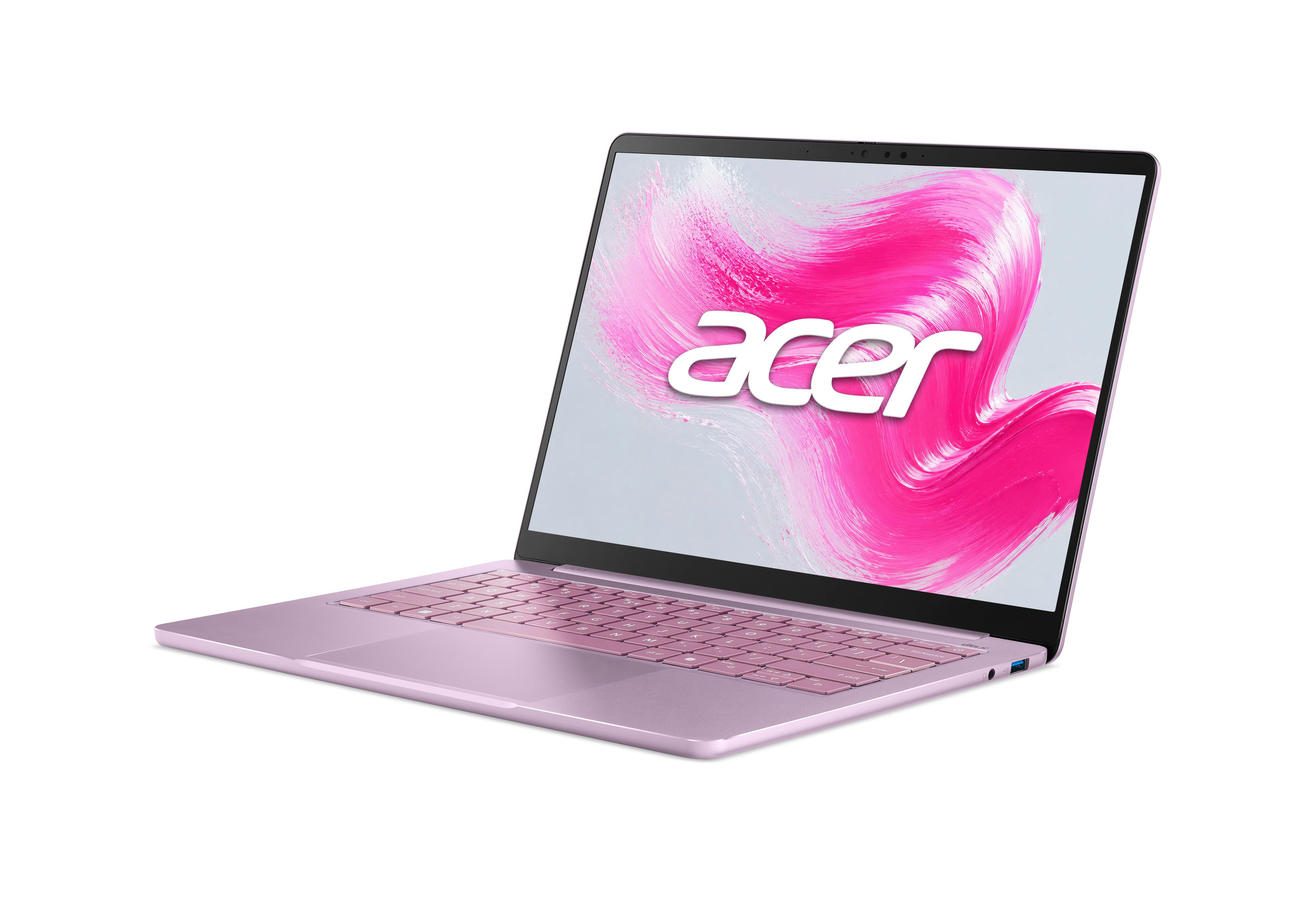 Ein rosafarbener Acer-Laptop steht auf einer weißen Oberfläche mit einem pinken Hintergrundbild auf dem Bildschirm.