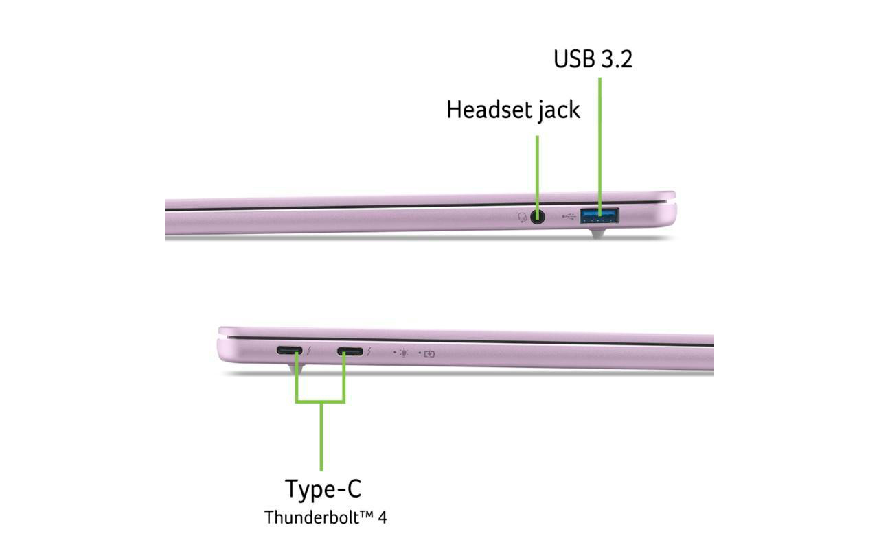 Seitenansichten eines violetten Laptops mit Bezeichnungen für Kopfhörerbuchse, USB 3.2 und Type-C Thunderbolt 4.