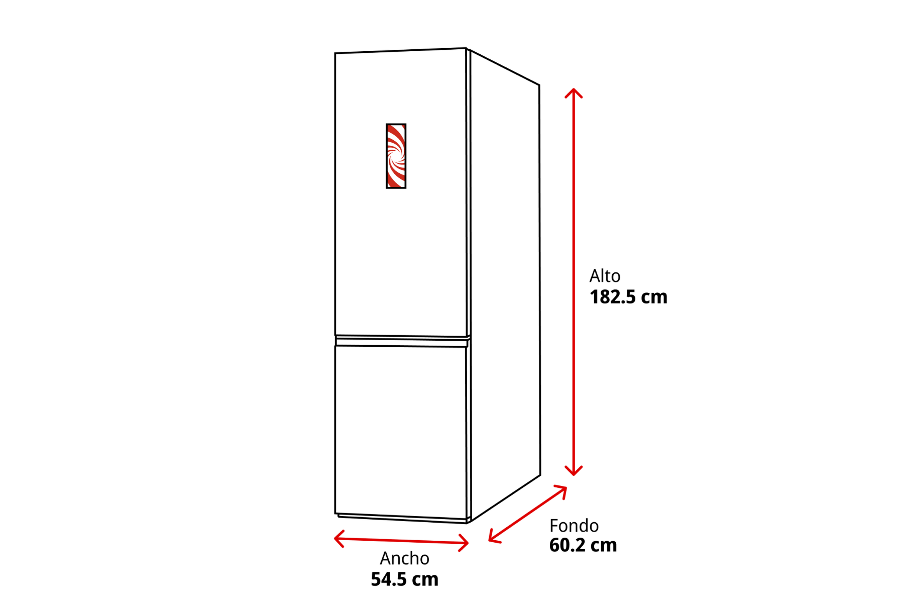 Dibujo de un refrigerador con dimensiones: alto 182,5 cm, ancho 54,5 cm, fondo 60,2 cm y flechas rojas.