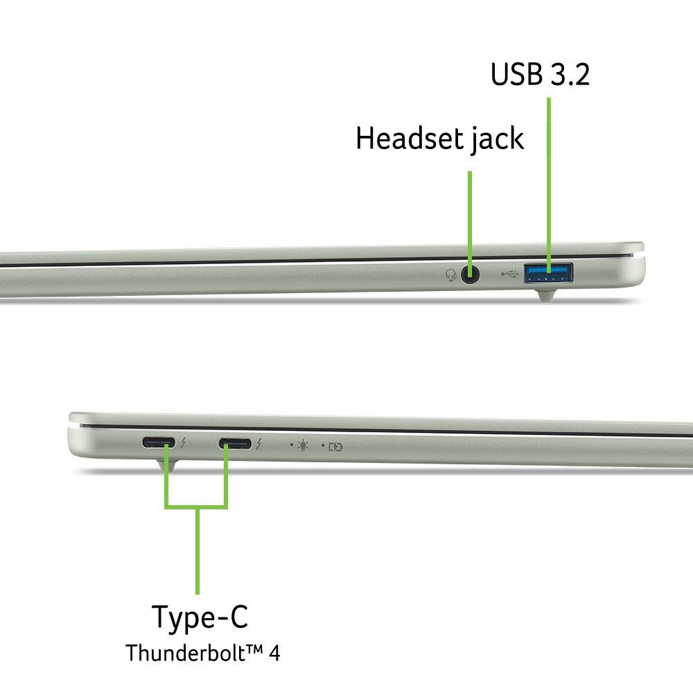 Laptop-Seitenansicht mit beschrifteten Anschlüssen: USB 3.2, Headset-Anschluss und Type-C Thunderbolt 4.