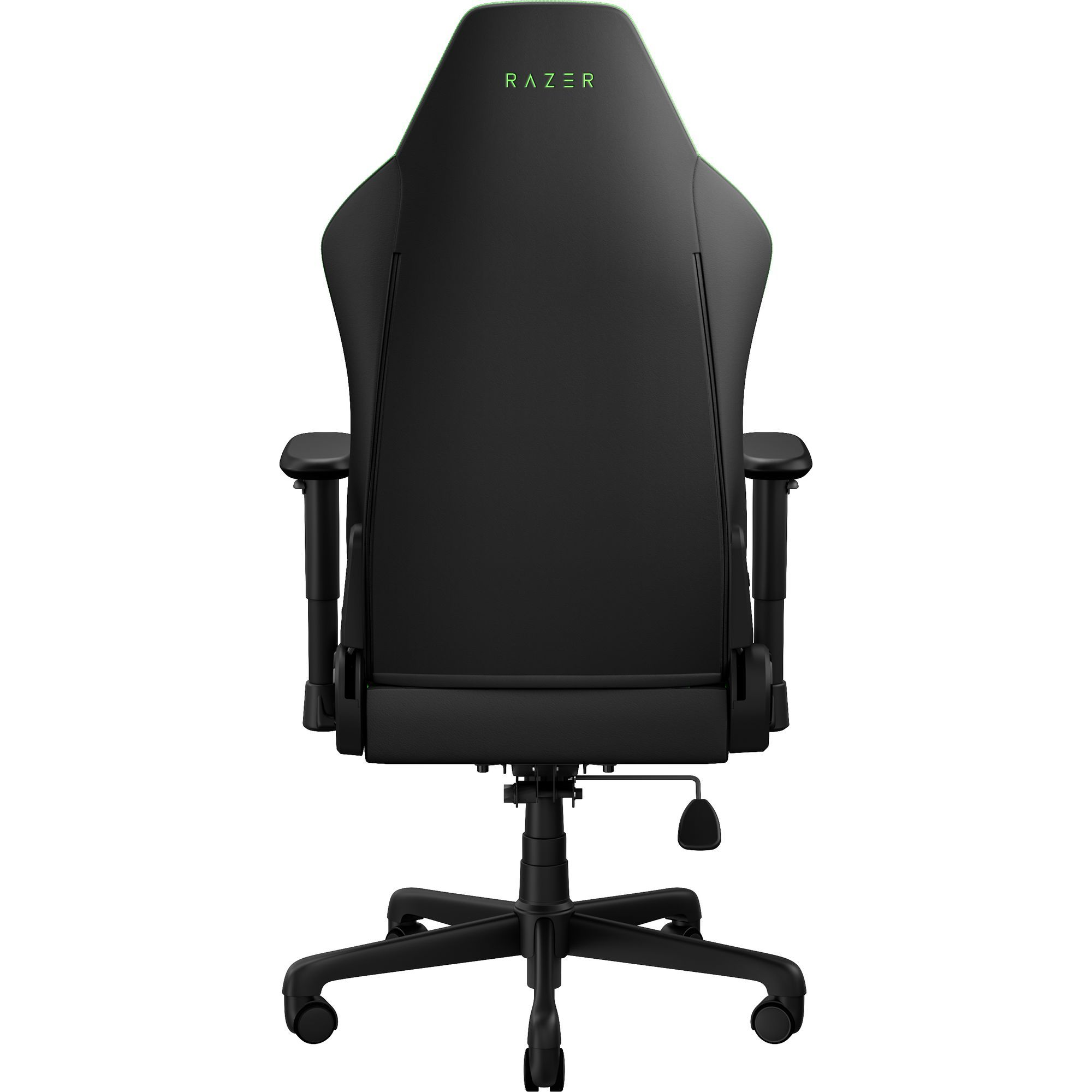 Beyaz arka planda yeşil logolu siyah bir Razer oyuncu koltuğunun arkadan görünümü.