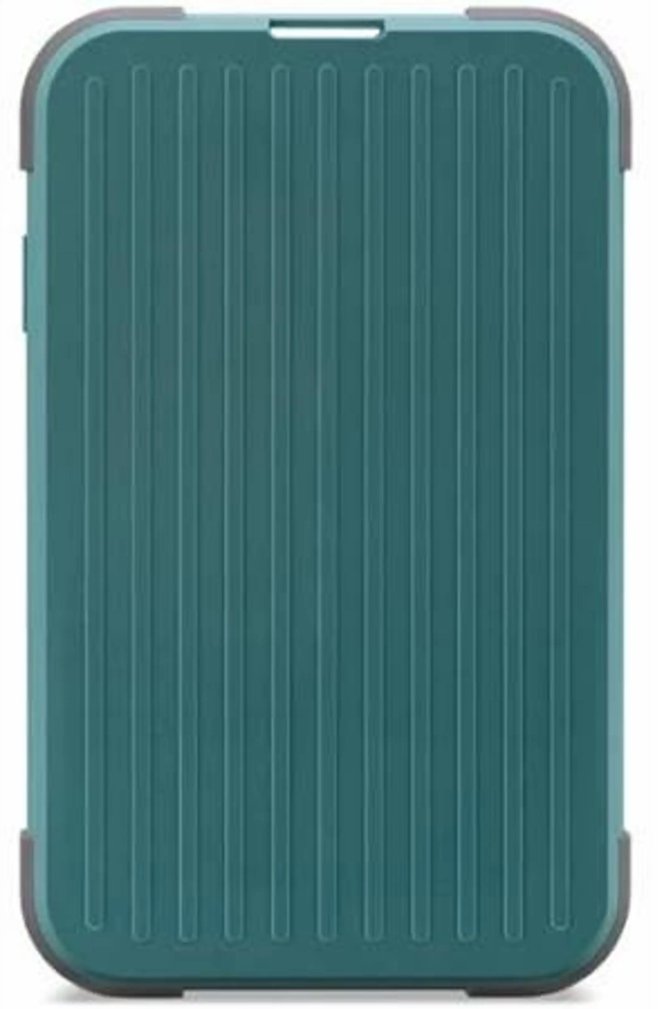 Una custodia per telefono verde con scanalature verticali e angoli grigi su sfondo bianco.