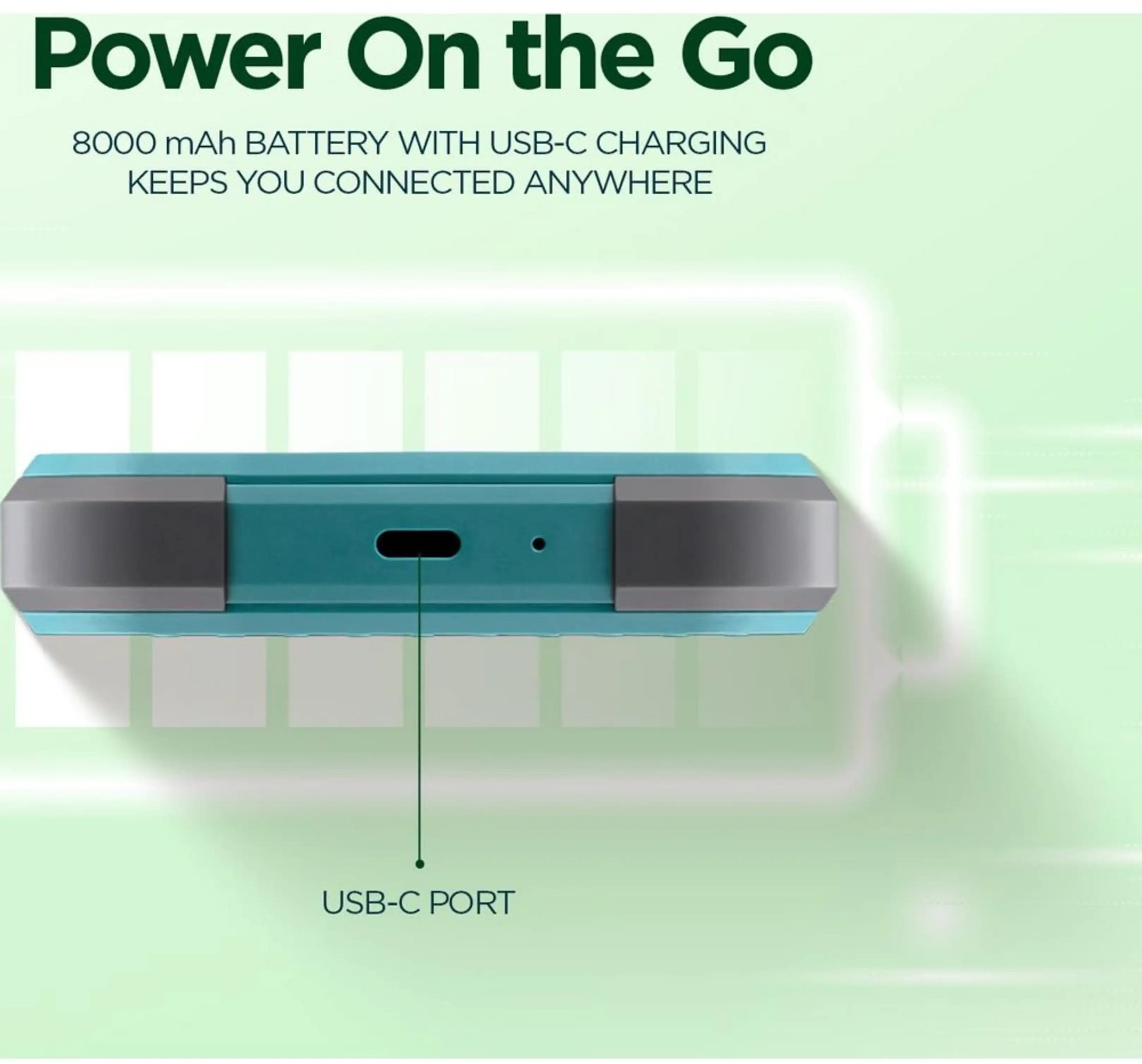 Dispositivo power bank verde con porta USB-C su sfondo verde chiaro e testo sui 8000 mAh.