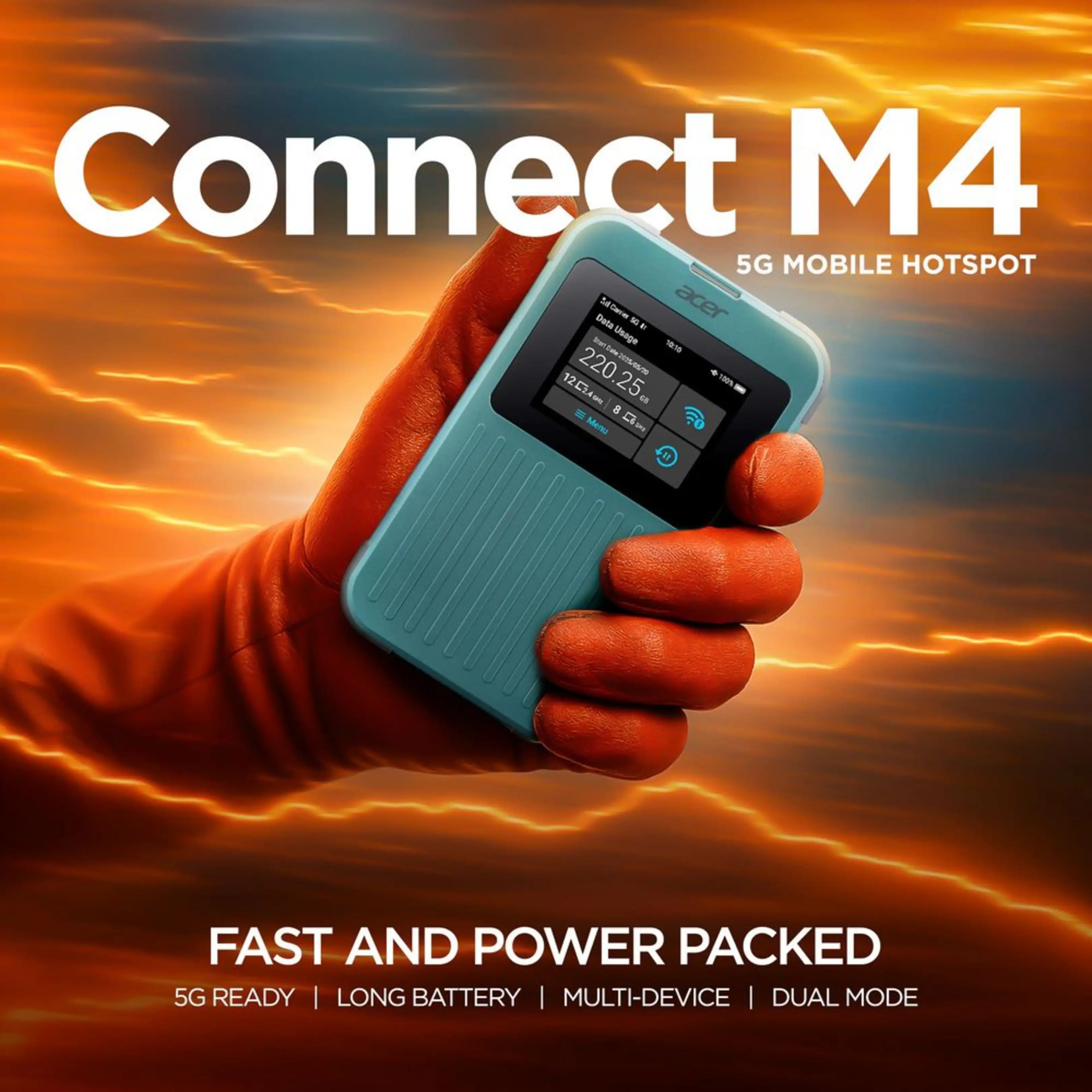 Un dispositivo hotspot mobile Acer Connect M4 5G blu tenuto in una mano guantata d'arancione su uno sfondo infuocato.