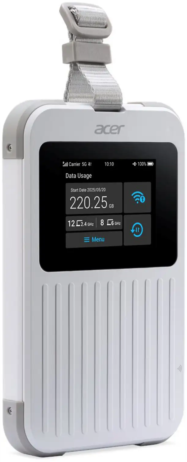 Un router Wi-Fi 5G portatile Acer bianco con display, dettagli grigi e cinghia di trasporto.