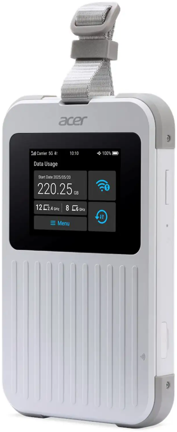 Hotspot Wi-Fi 5G Acer bianco e grigio con display digitale e cinturino.