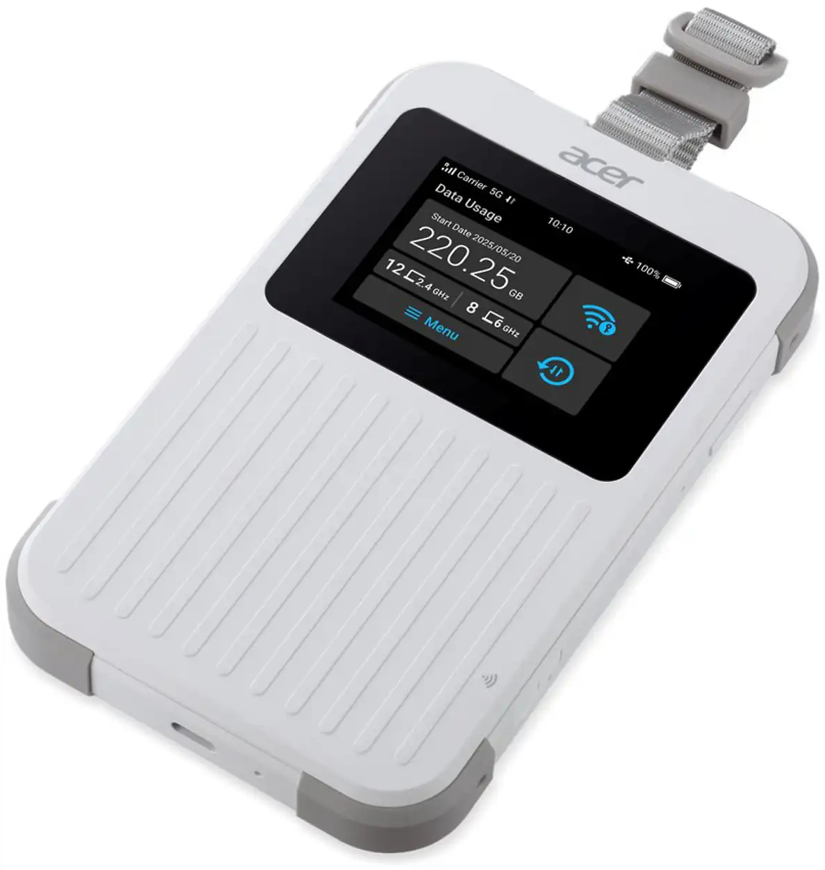 Un hotspot Acer 5G bianco con custodia scanalata e schermo a colori che mostra l'utilizzo dei dati.