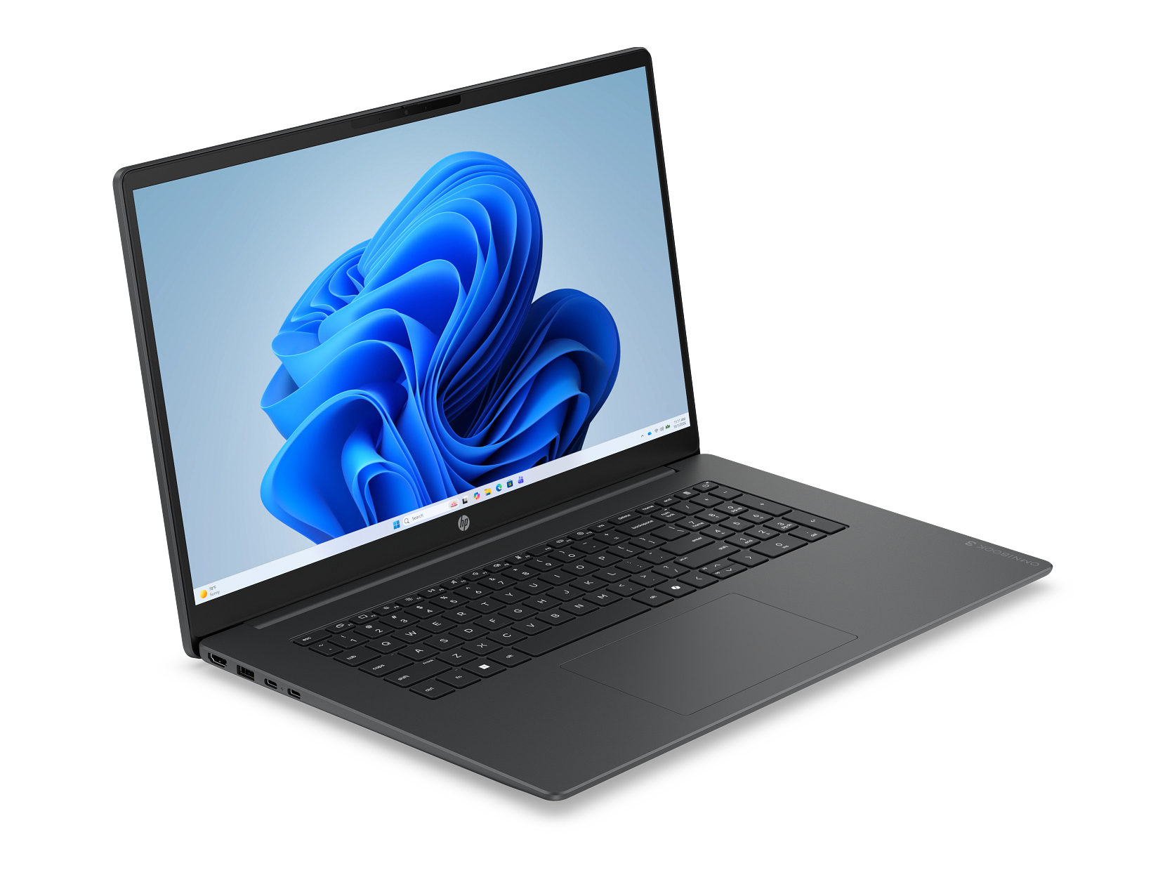 Szary laptop HP z niebieską tapetą Windows 11 na czarnym tle.