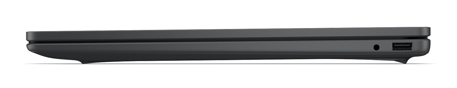 Widok z boku zamkniętego, ciemnego laptopa z gniazdem audio i portem USB.