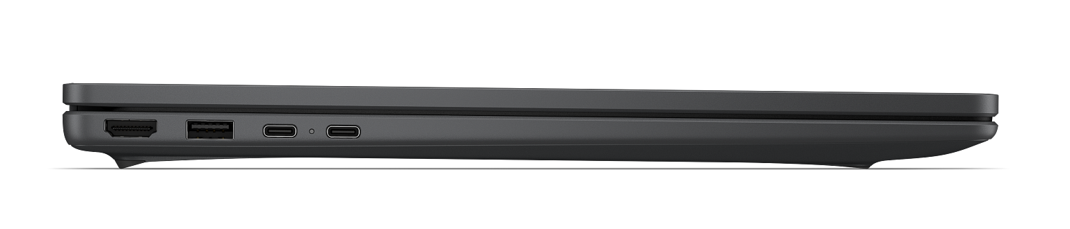 Widok z boku ciemnoszarego laptopa z portem HDMI, portem USB i dwoma portami USB-C.