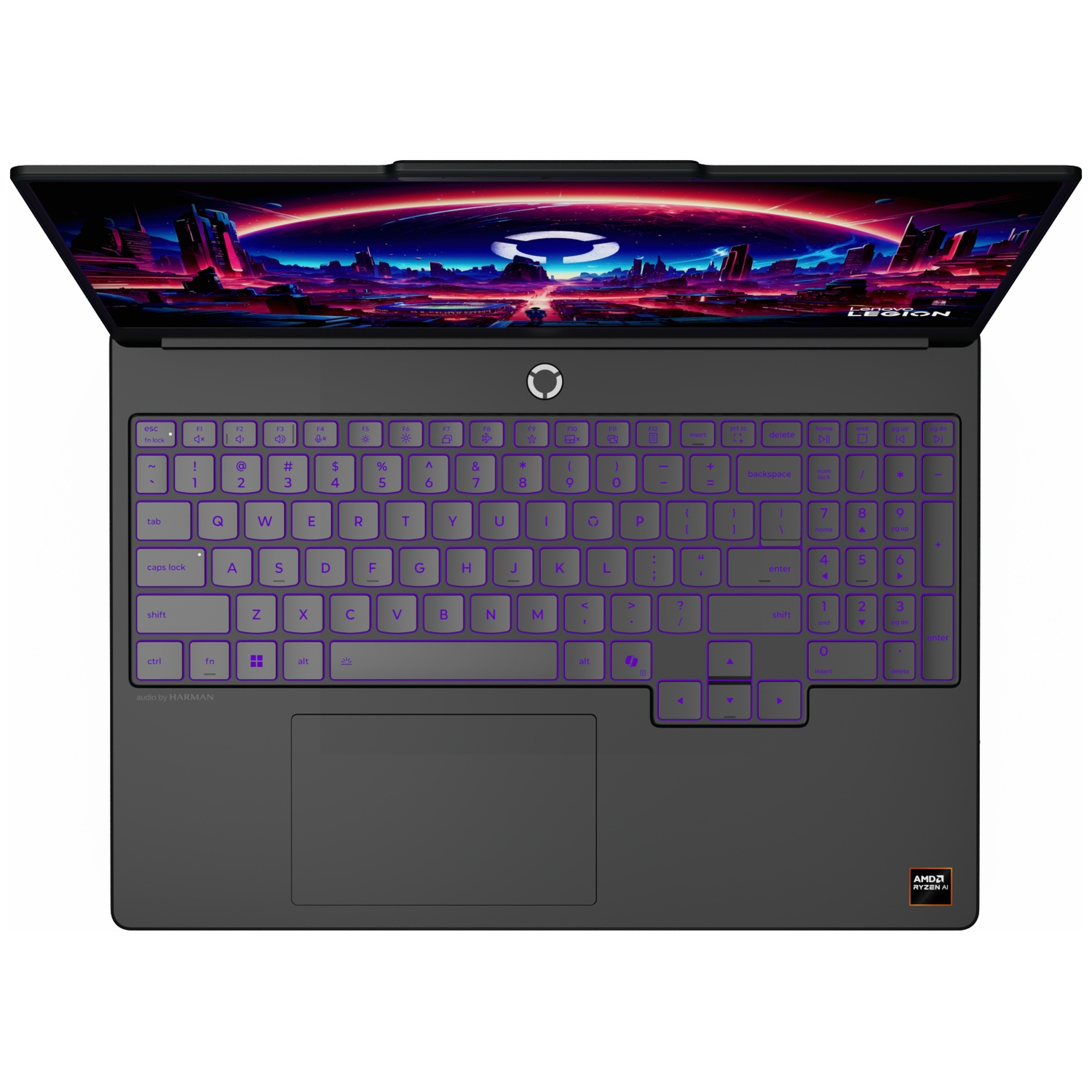 Vue de dessus d'un ordinateur portable noir avec clavier rétroéclairé et fond d'écran cyberpunk coloré.