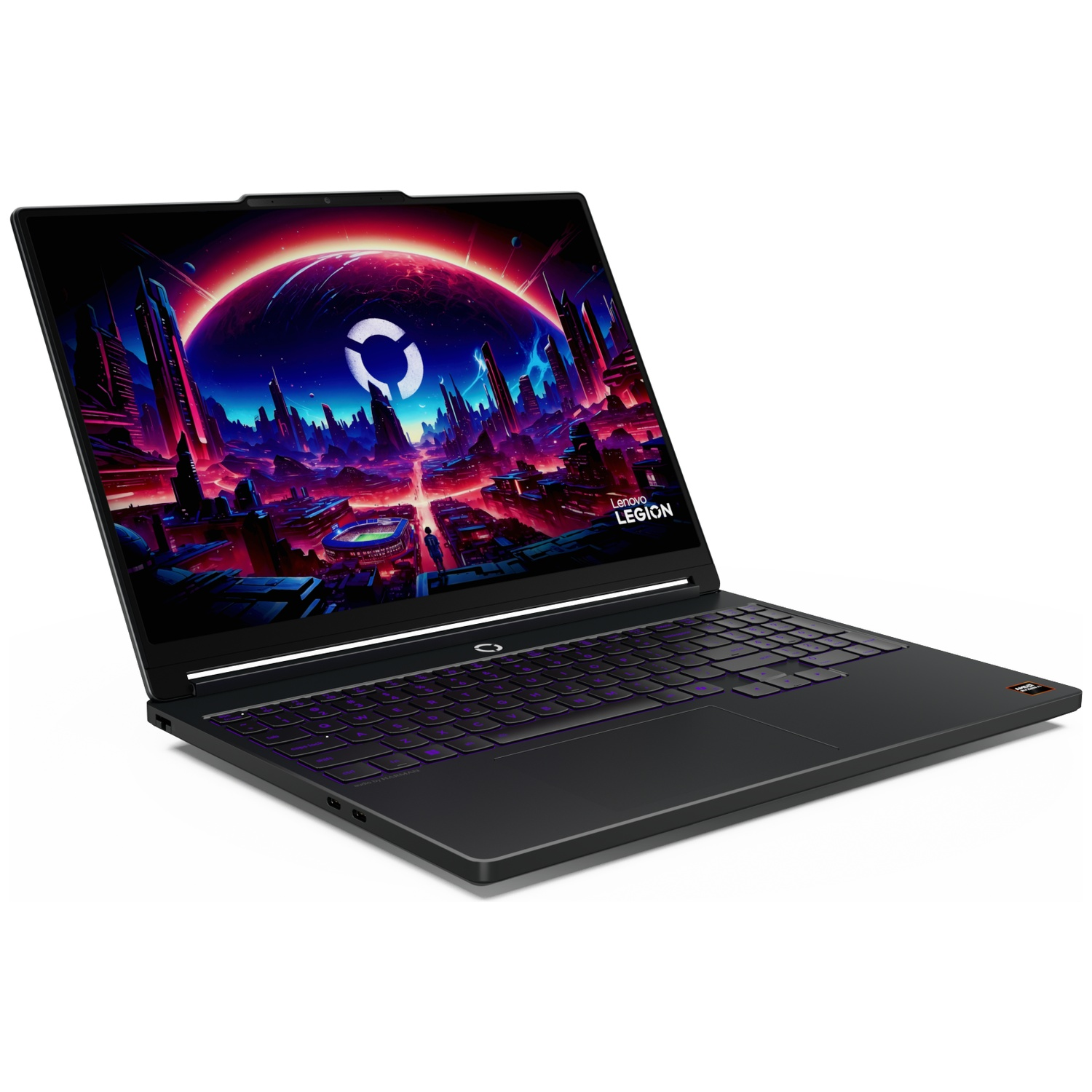 Un ordinateur portable gamer Lenovo noir ouvert, affichant un fond d'écran de ville néon colorée.