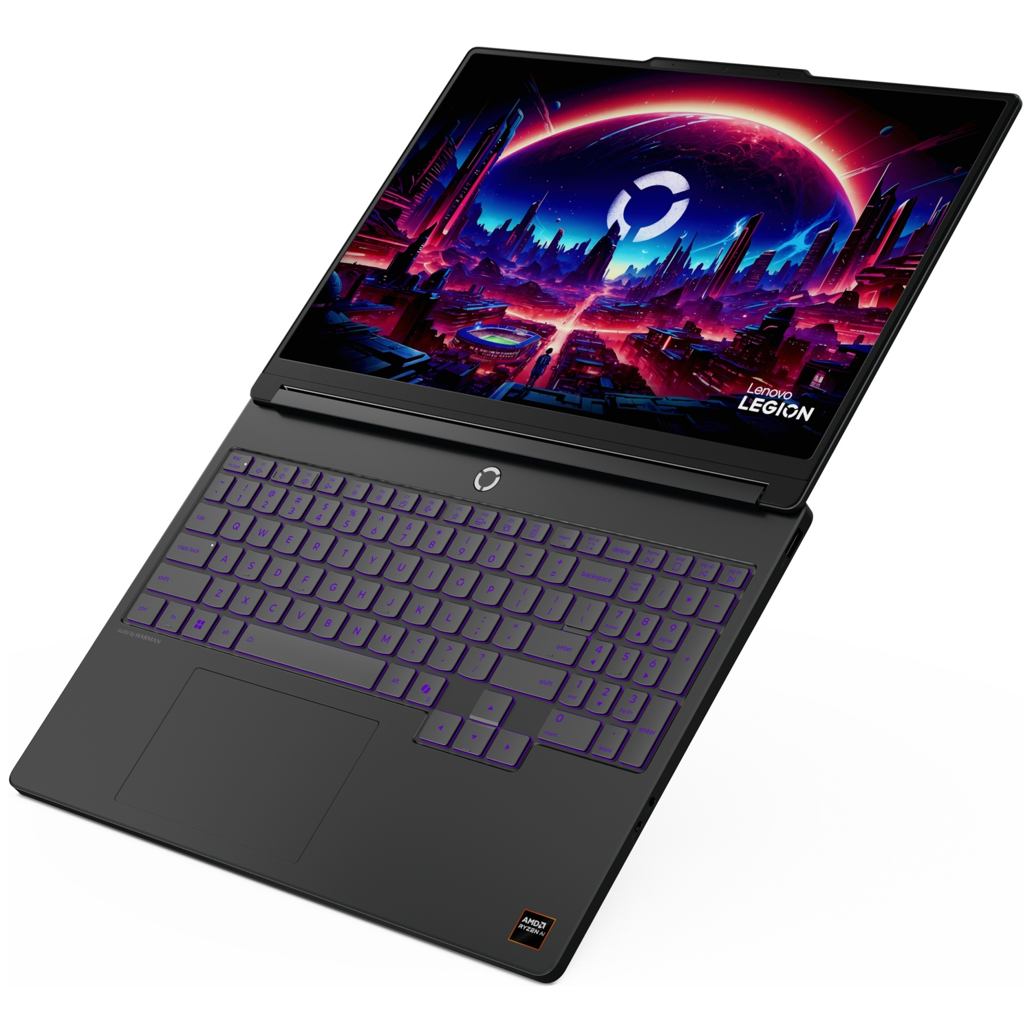 Un ordinateur portable noir Lenovo Legion avec clavier rétroéclairé et fond futuriste.