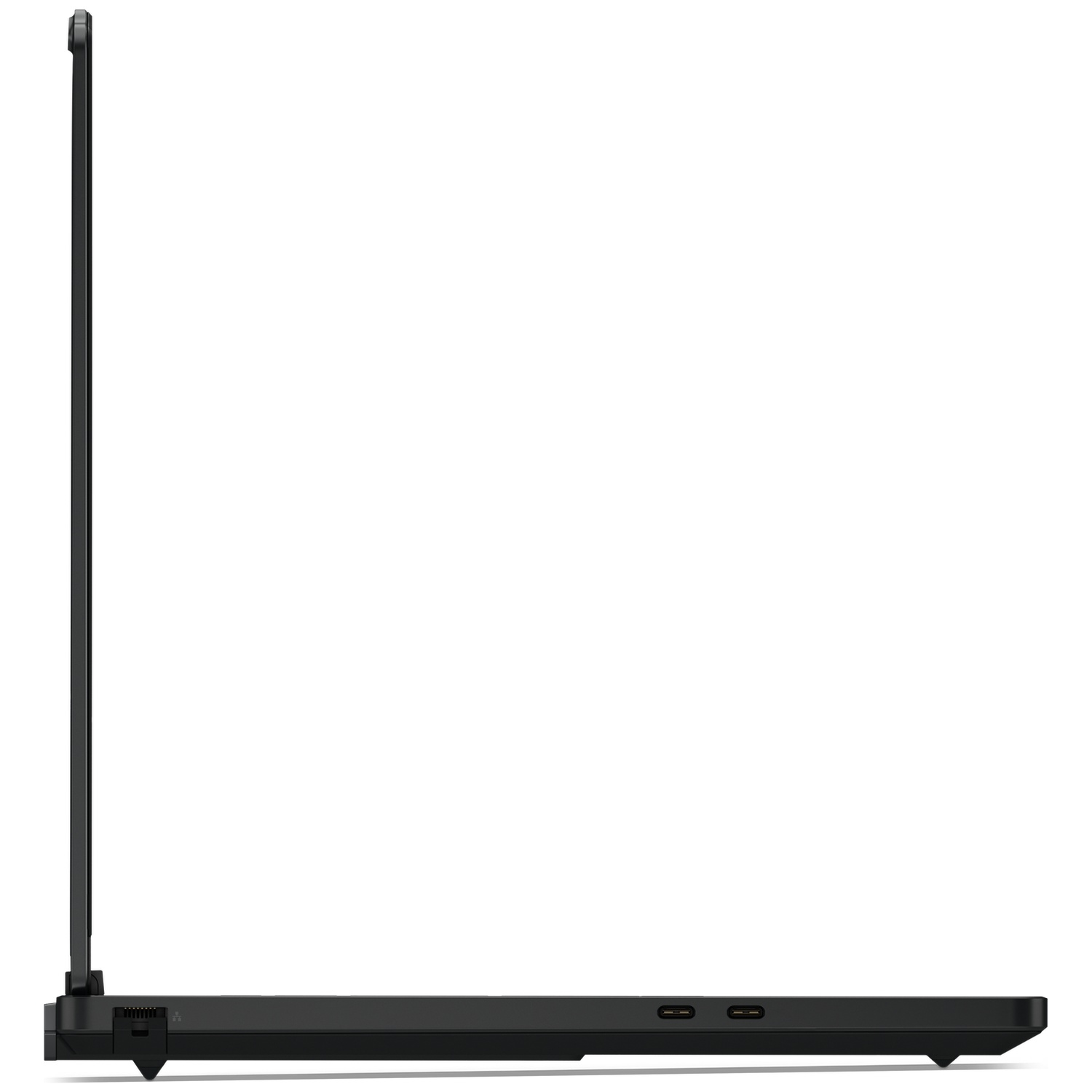Vue latérale d'un ordinateur portable noir fermé avec des ports USB-C visibles sur une surface blanche.