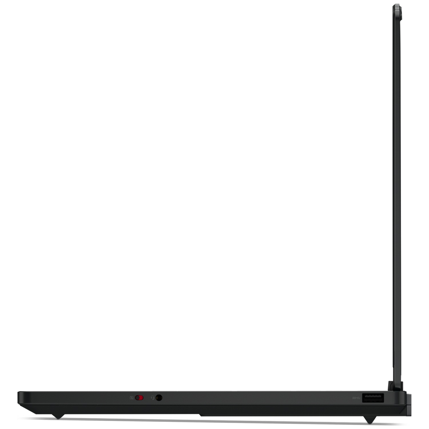 Vue latérale d'un ordinateur portable noir fin montrant les ports, un interrupteur et l'écran.