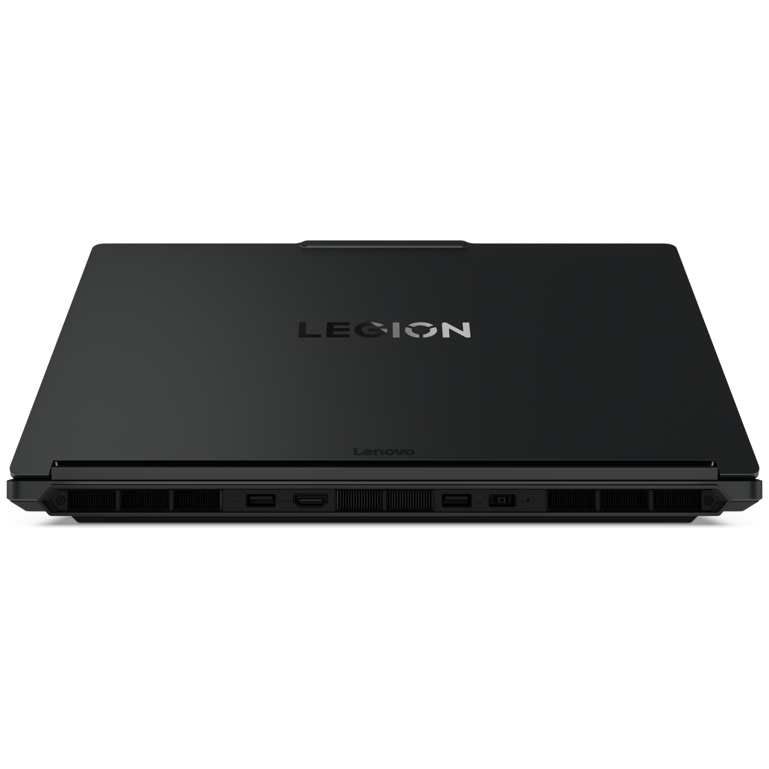 Vue arrière d'un ordinateur portable Lenovo Legion noir fermé avec un logo argenté et des ports.