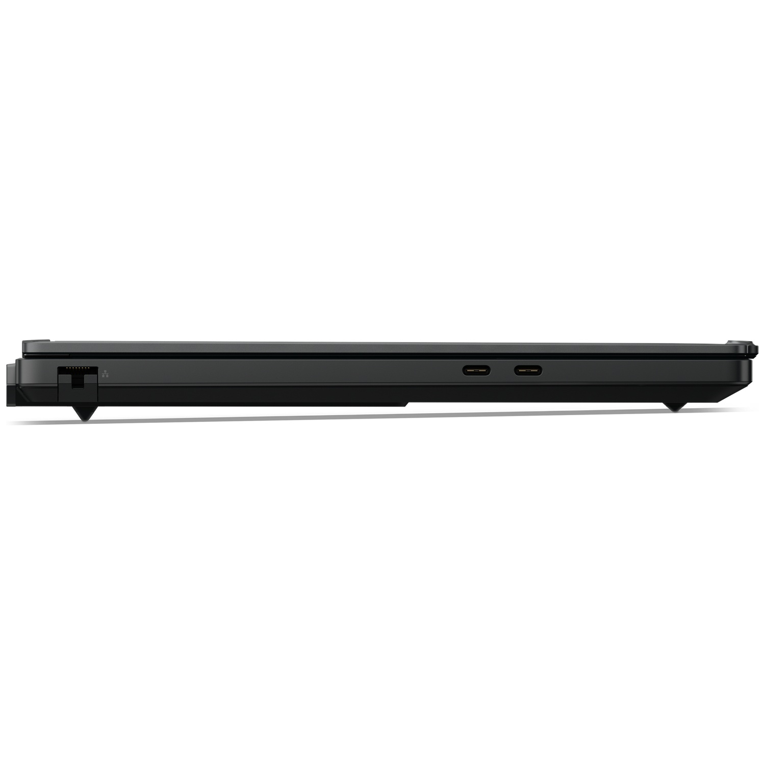Vue latérale d'un ordinateur portable noir avec un port Ethernet et deux ports USB-C.