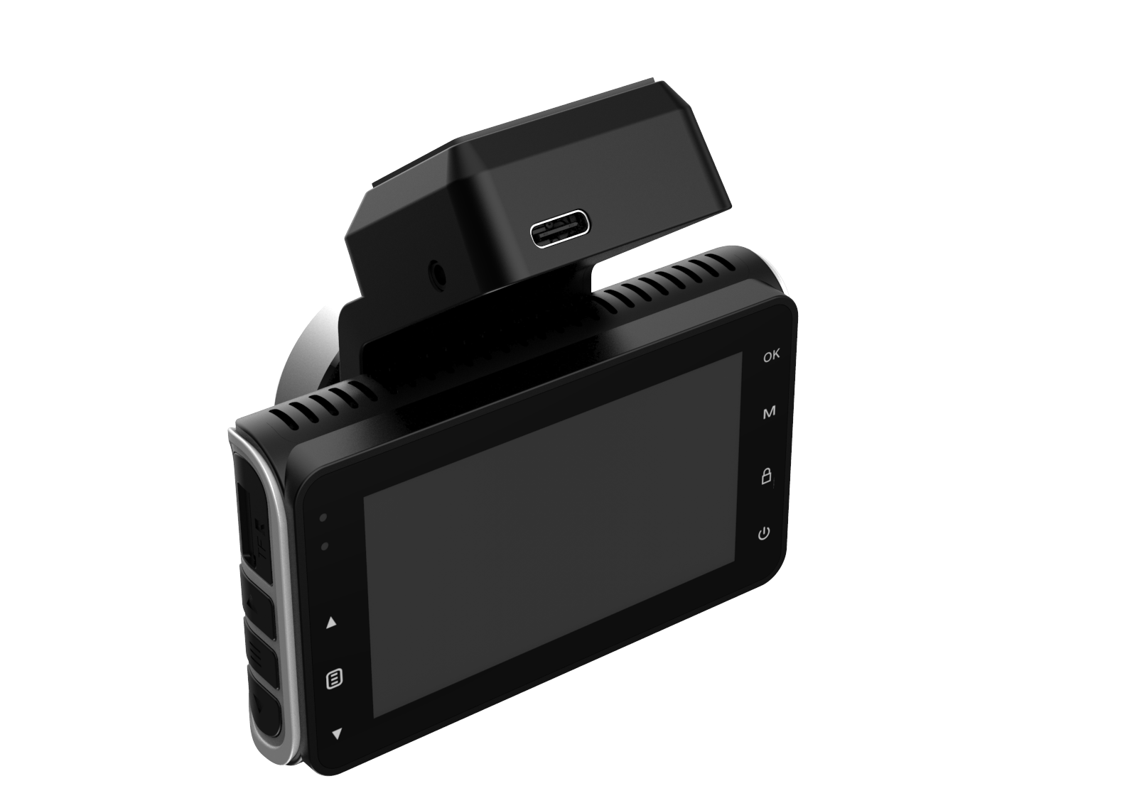 Fekete menetrögzítő kamera LCD kijelzővel és USB-C tartóval fekete háttér előtt.