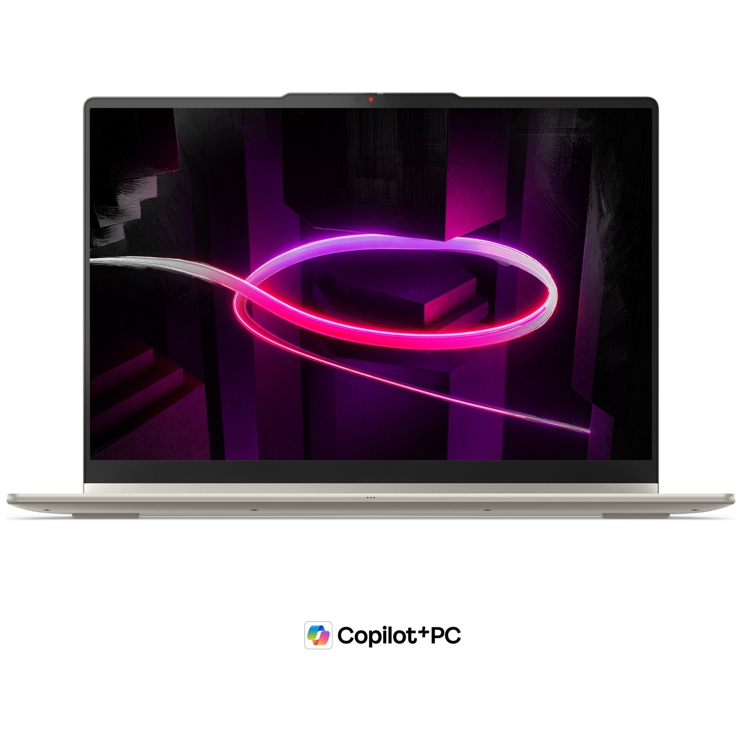Un ordinateur portable argenté avec une lumière abstraite violette brillante sur son écran, étiqueté Copilot+PC en dessous.
