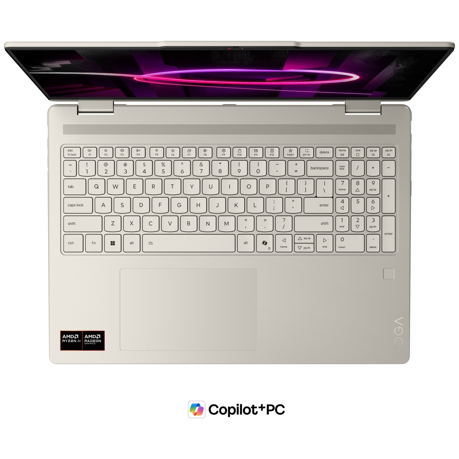 Vue de dessus d'un ordinateur portable clair avec clavier azerty, pavé tactile et écran graphique.